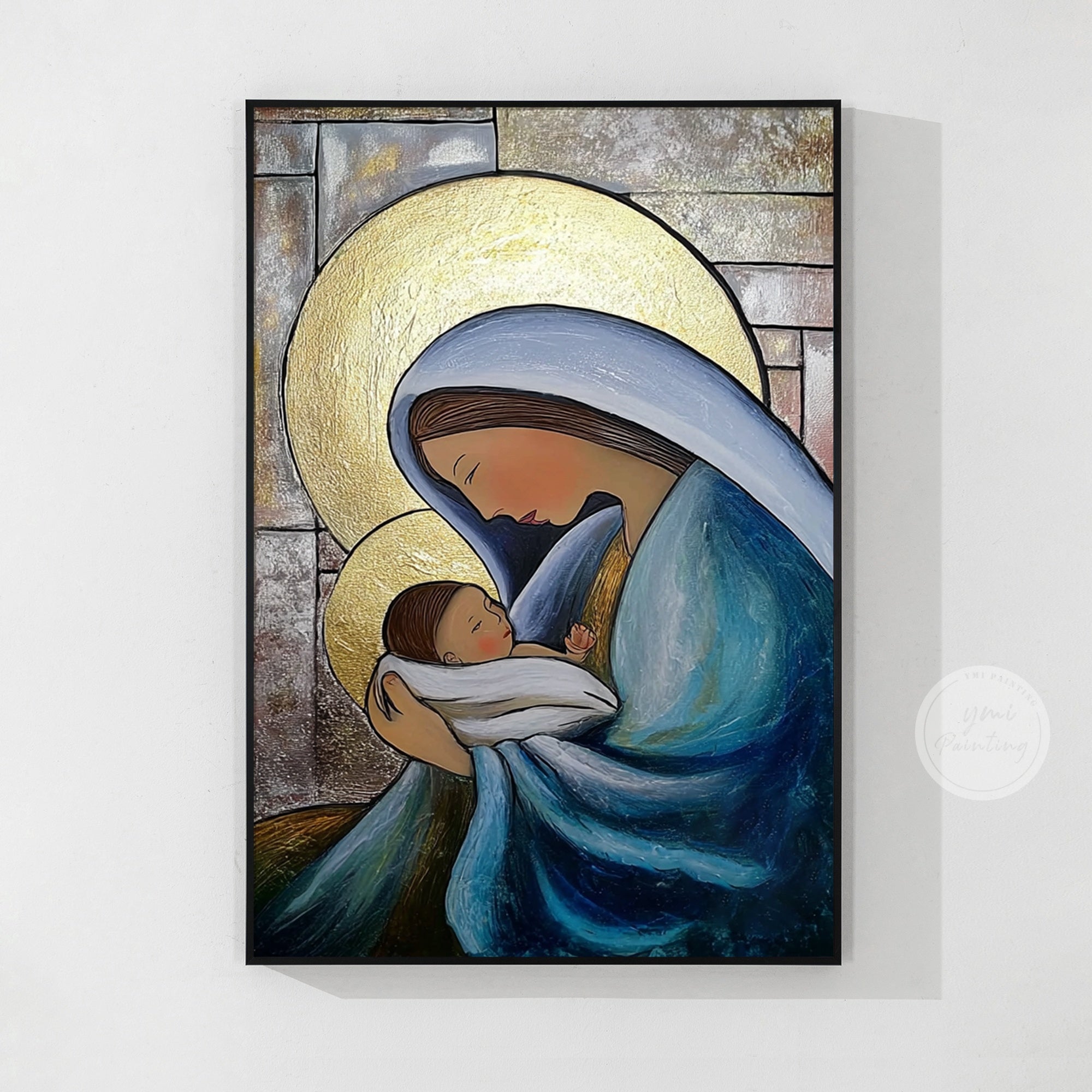 Madonna and Child canvas painting placed along a hallway wall with soft lighting.