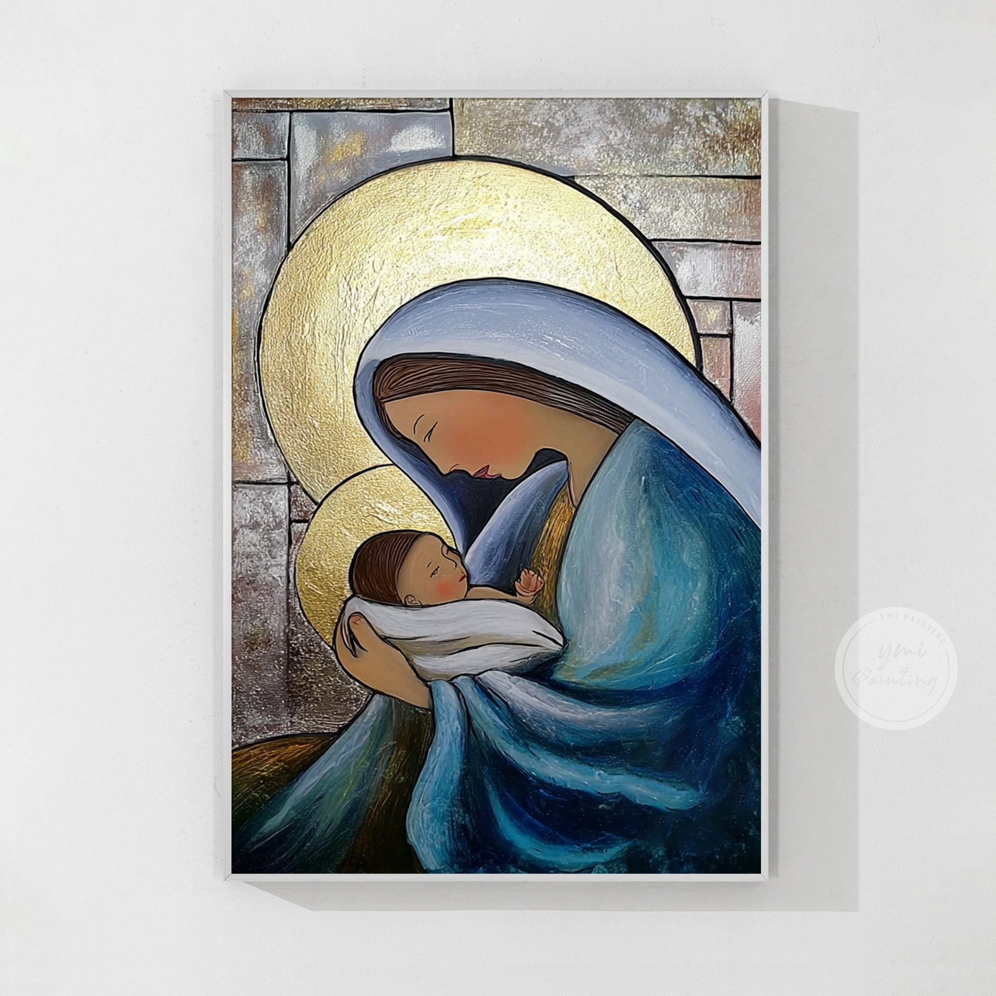 Christian Madonna and Child artwork displayed in a modern home interior.
