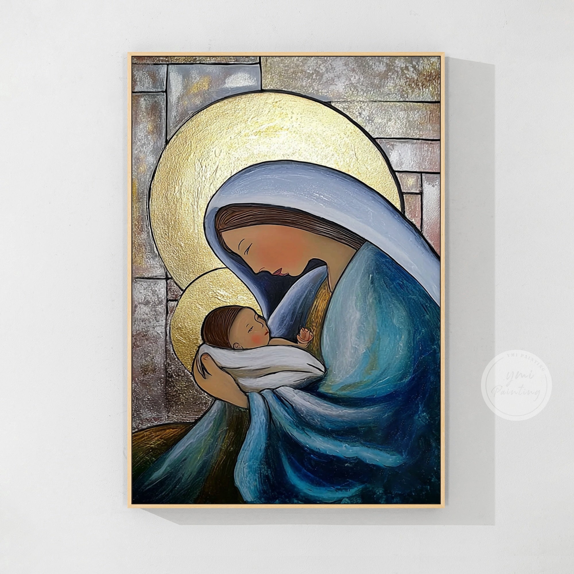 【伊】ラ・マドンニーナ　壁掛けアート◆縦71 × 横63厚み6㎝ マドンナと子供の絵画、宗教的ウォールアート キャンバス