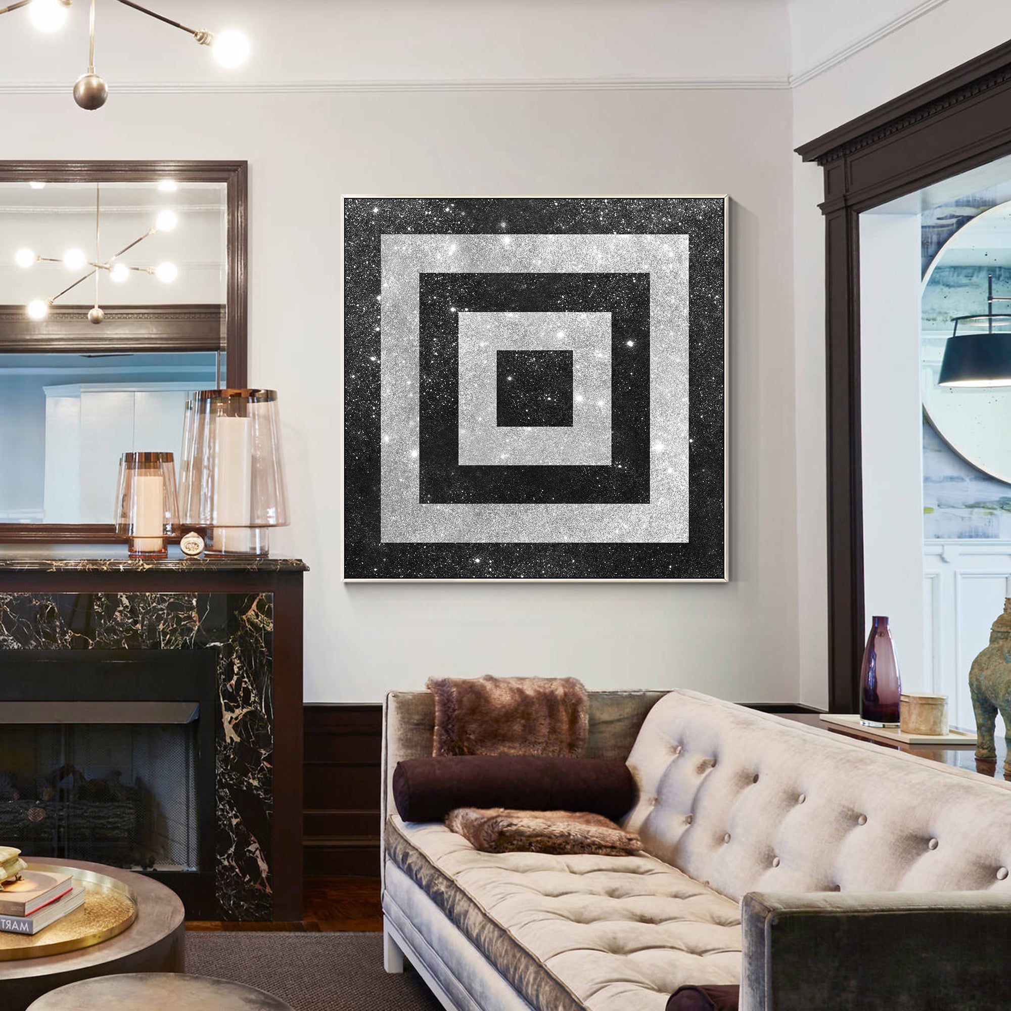 Minimalist abstract wall art with subtle glitter texture