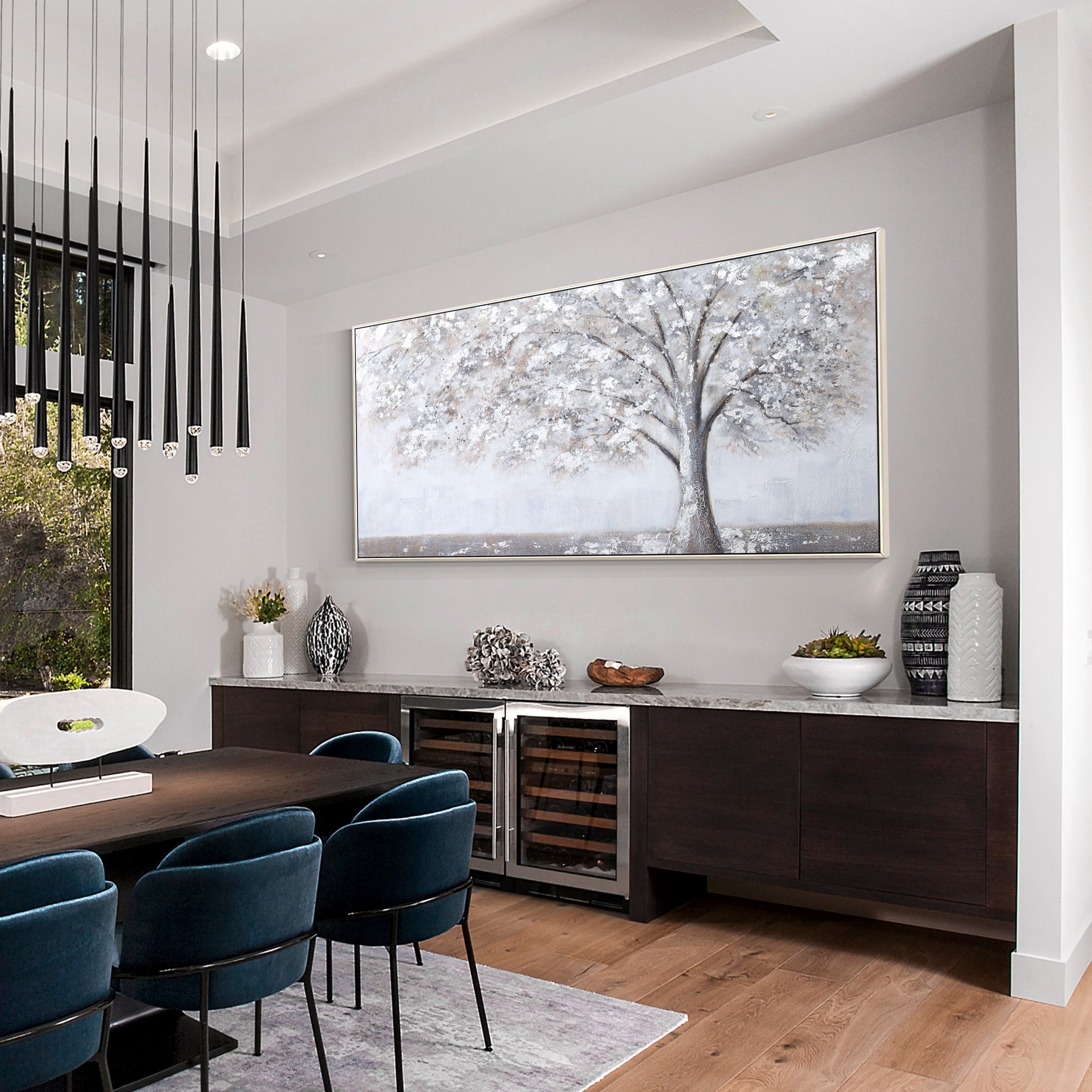 Minimal tree painting with white leaves resembling snow