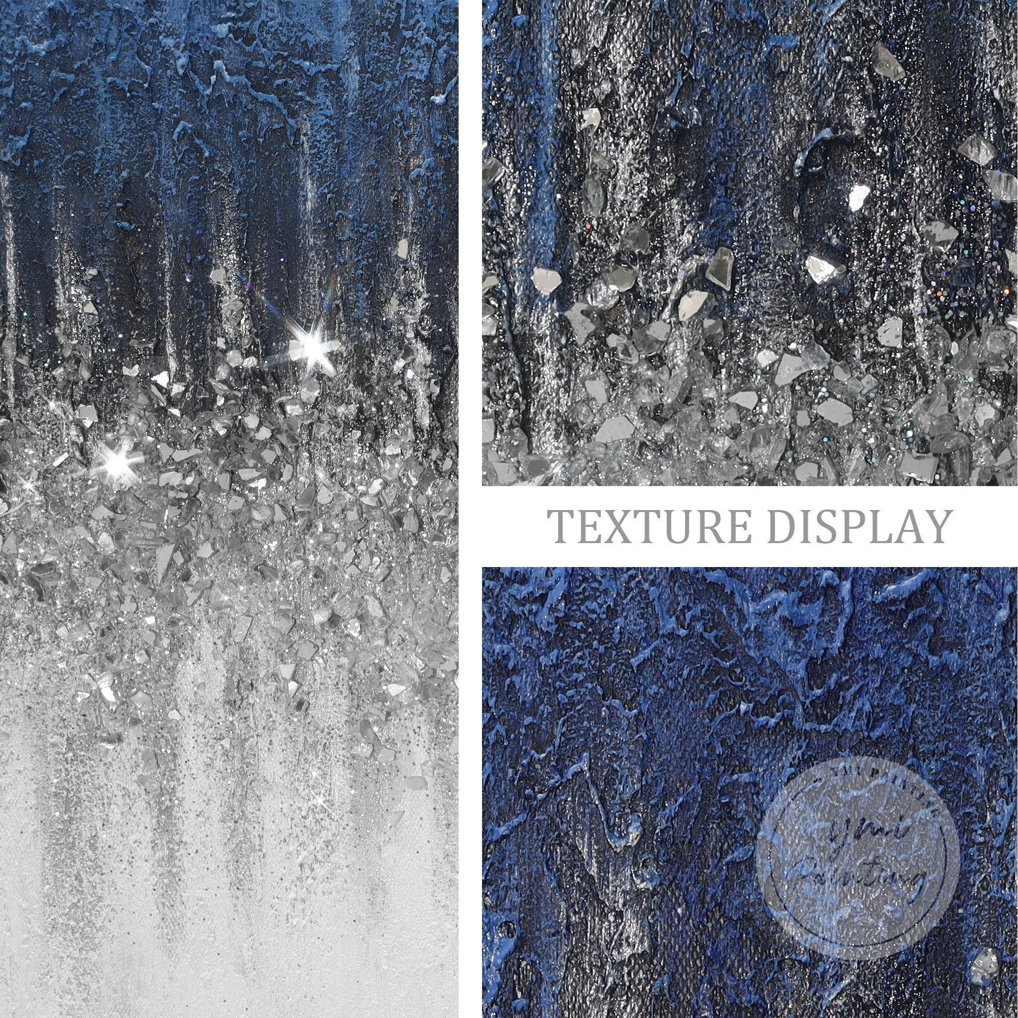 Abstract 3-panel navy blue painting with silver glitter and ombre gradient