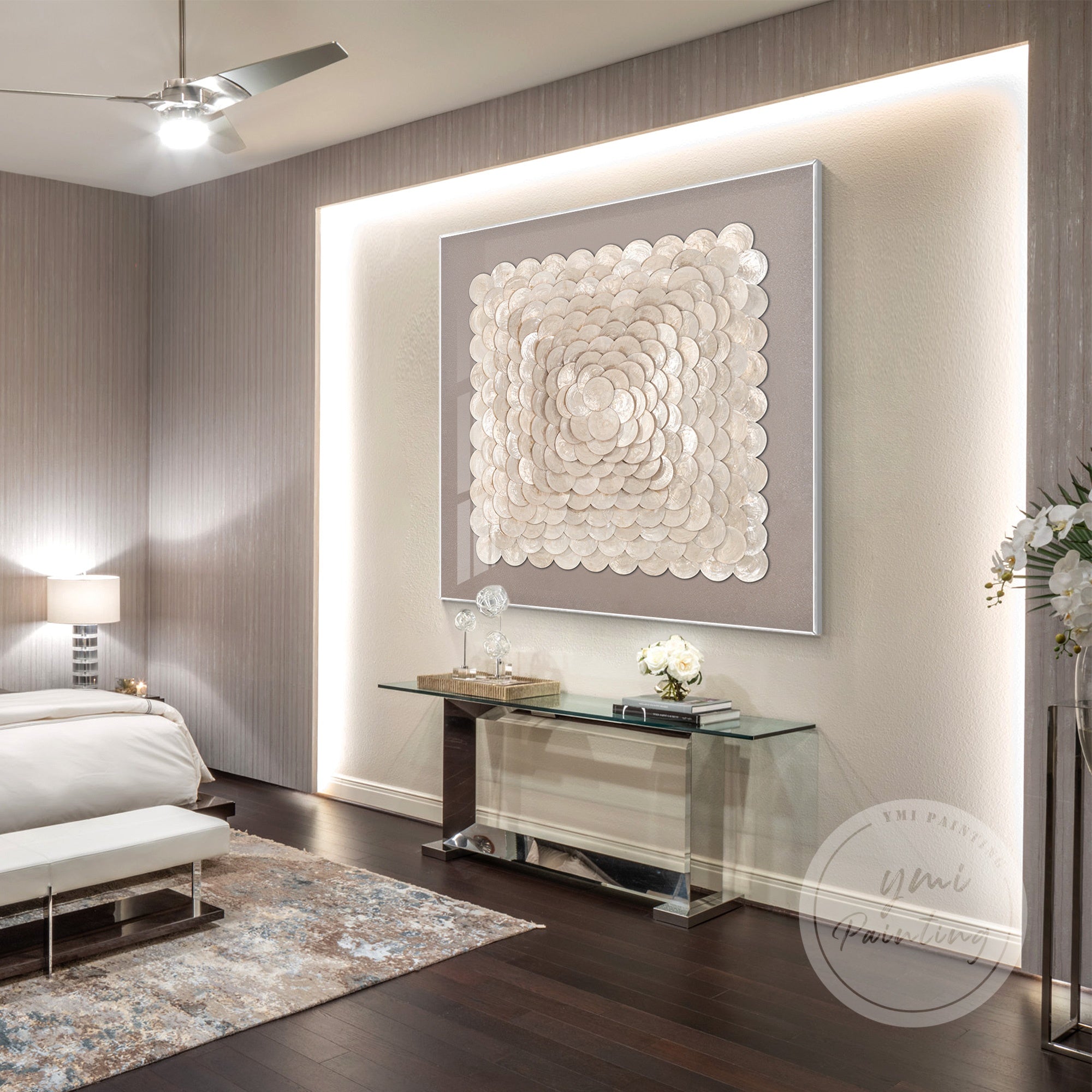 Textured capiz shell wall art with shimmering gold details