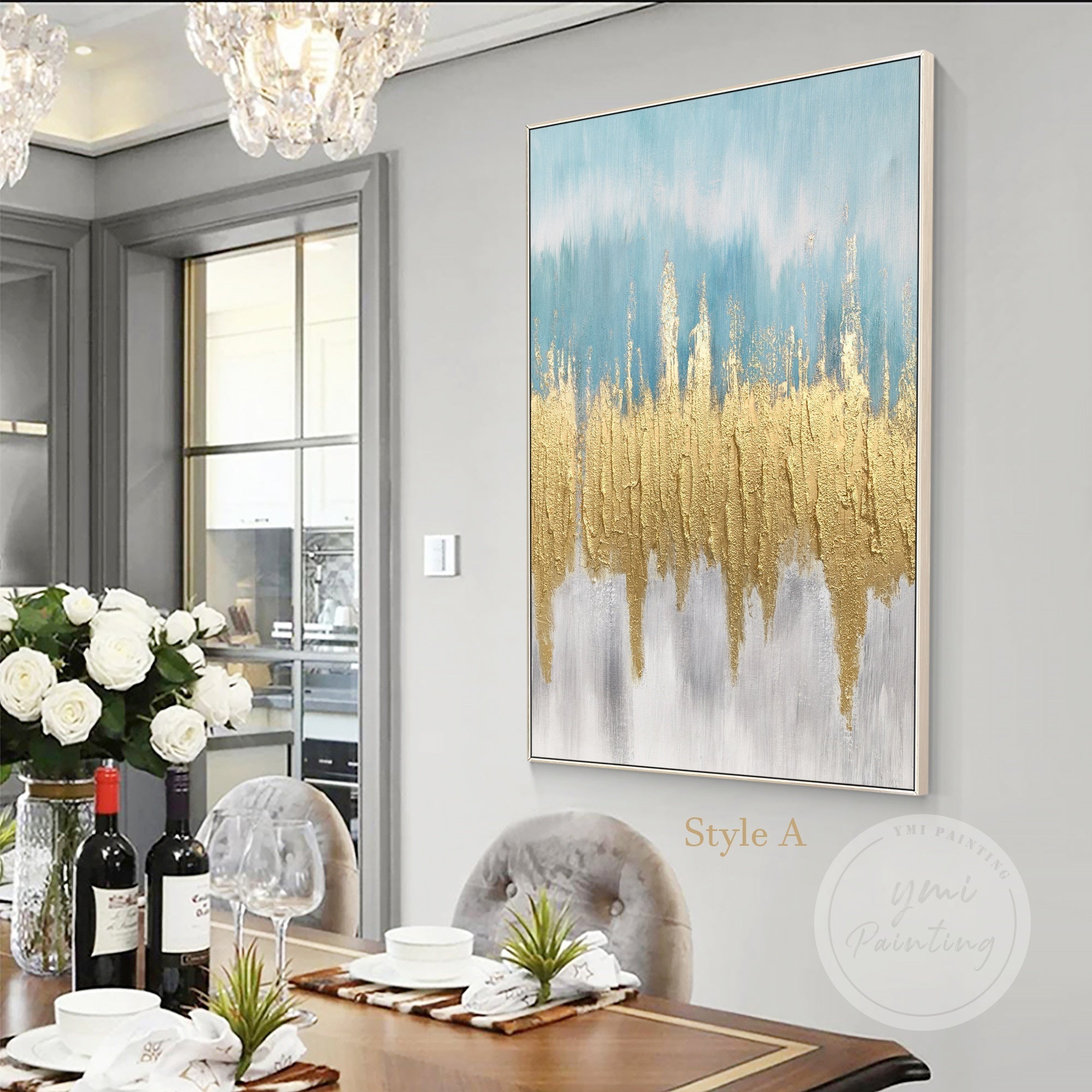 Gold brushstroke abstract painting in minimalist style on light blue canvas