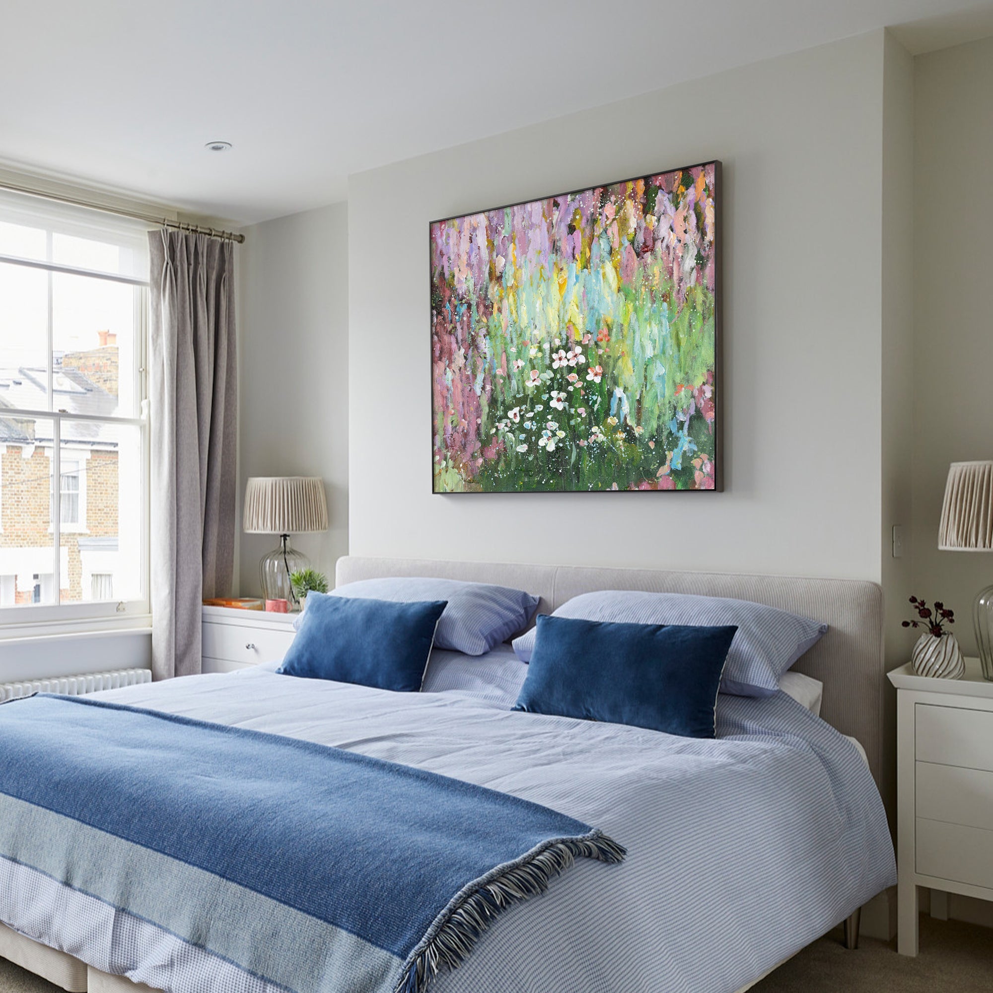 Square hand-painted floral wall art with pink frame, muted green center, and subtle floral highlights.