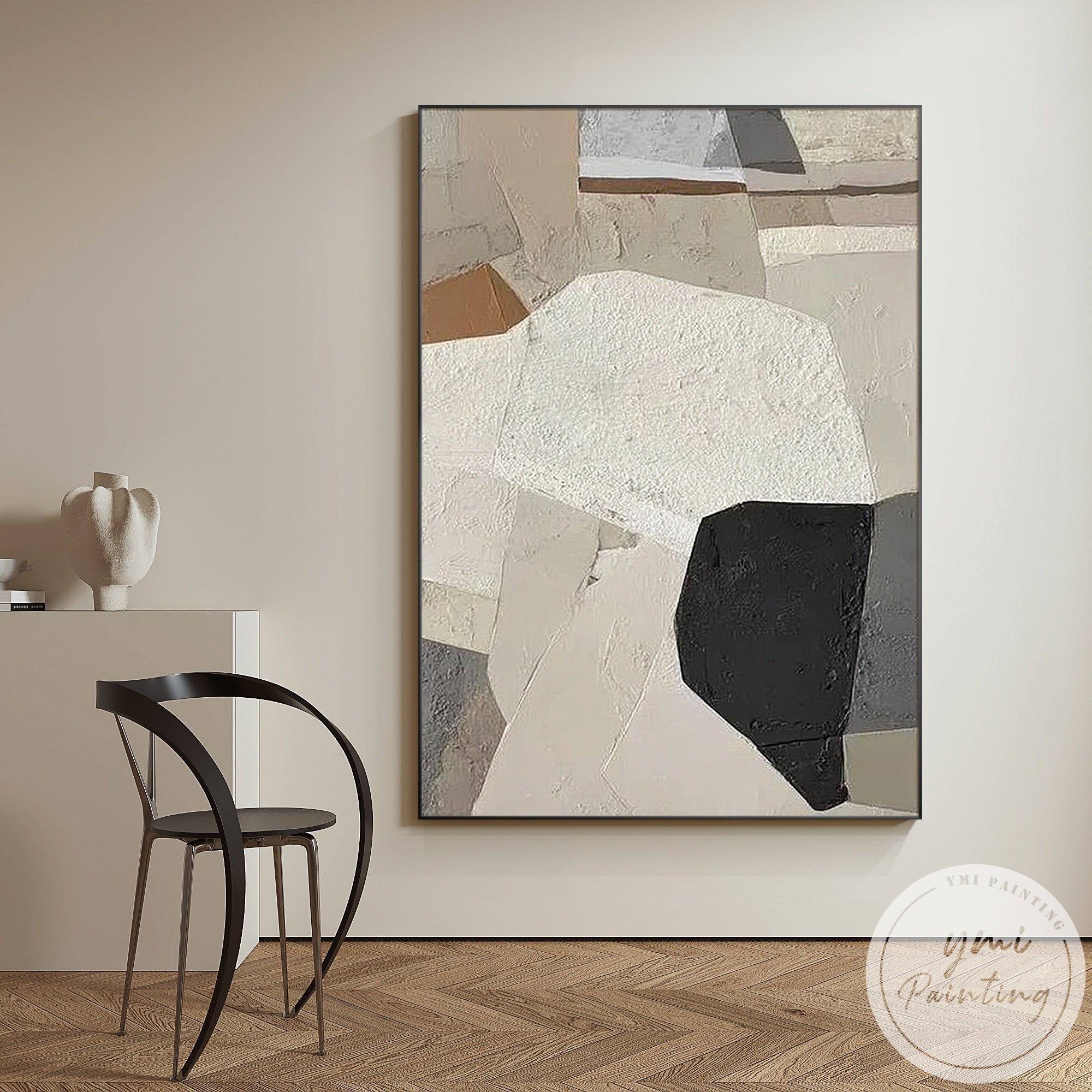 Hand painted minimalist wall art with textured organic shapes
