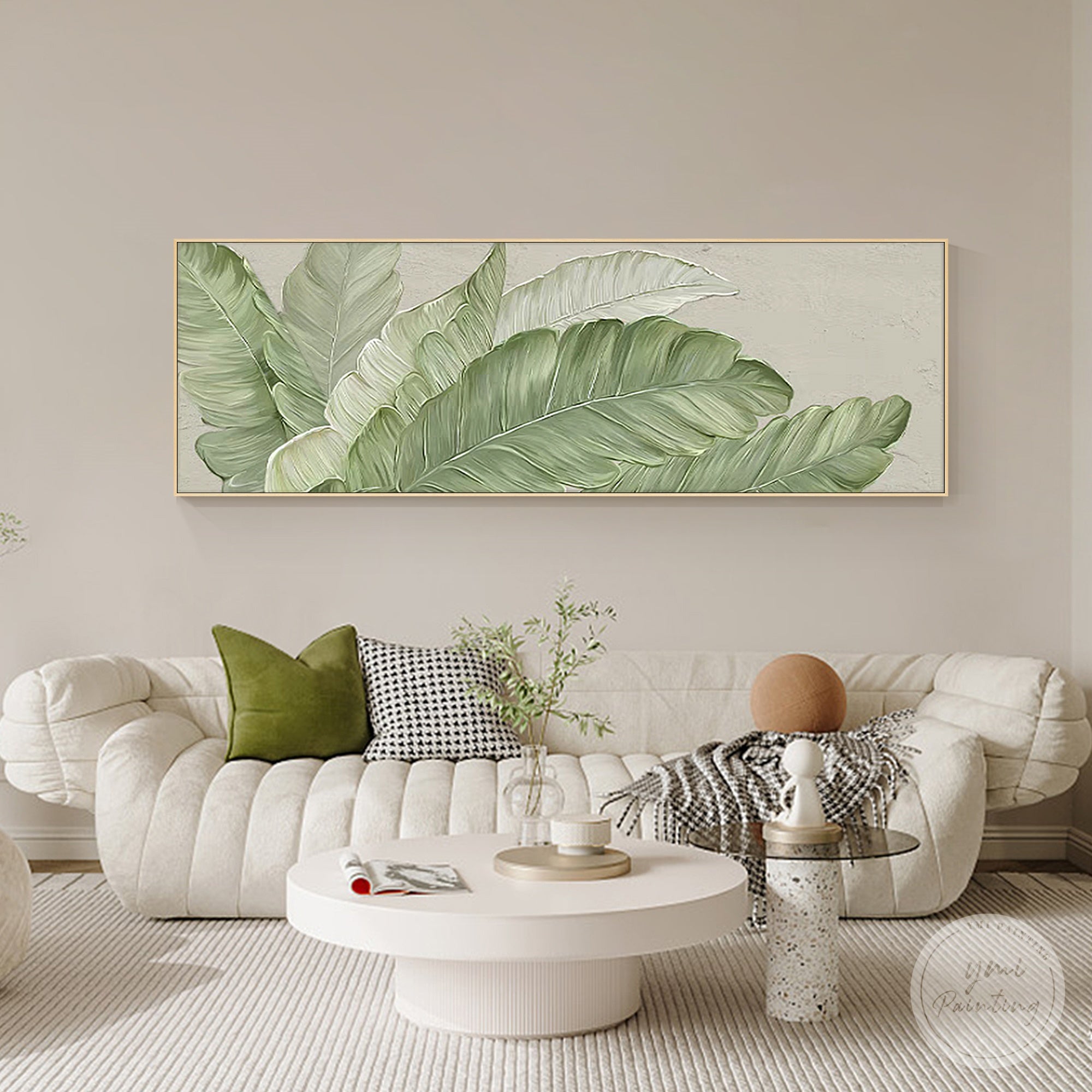 Minimalist botanical wall decor in a modern living room interior