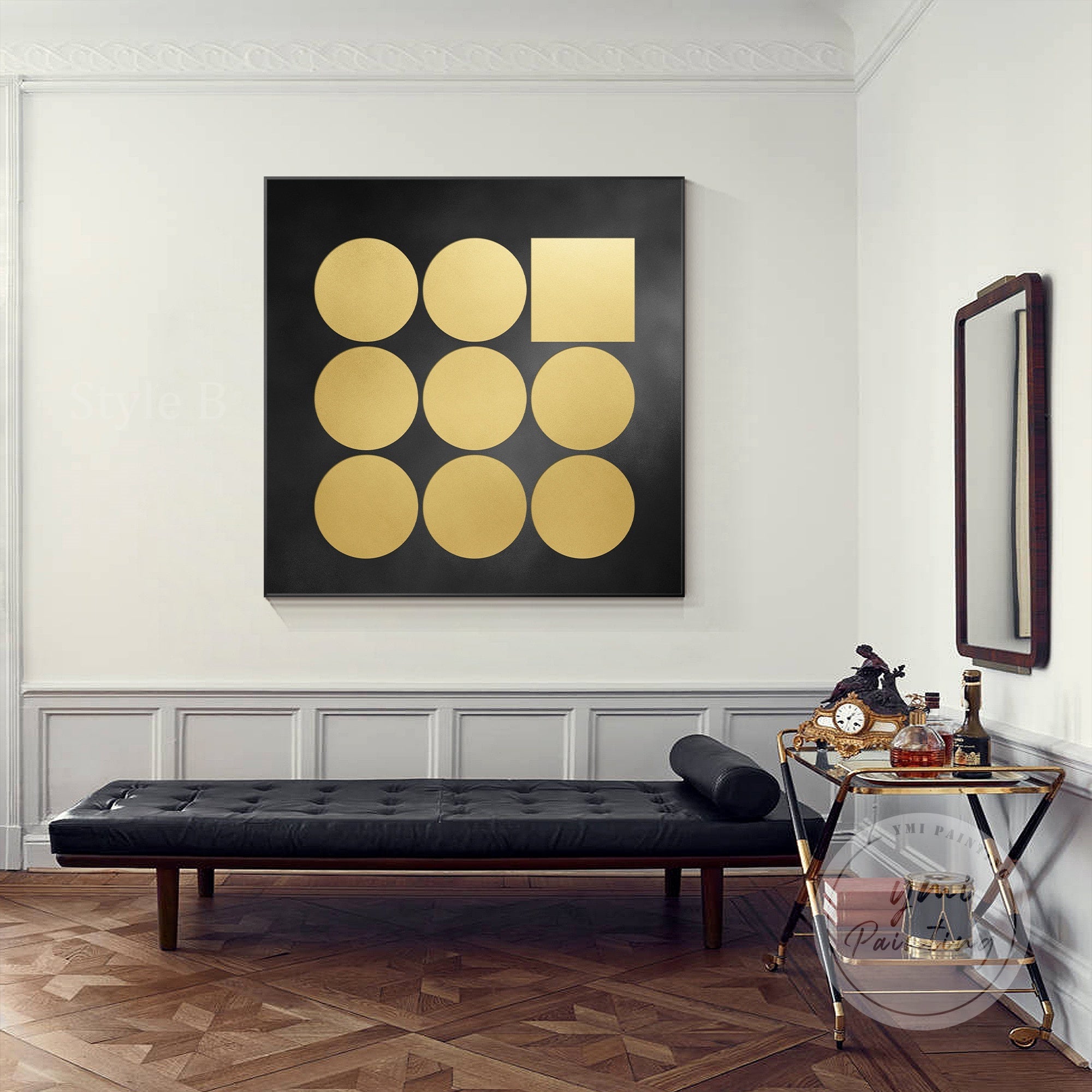 Golden glitter geometric minimalist painting art for luxury spaces.
