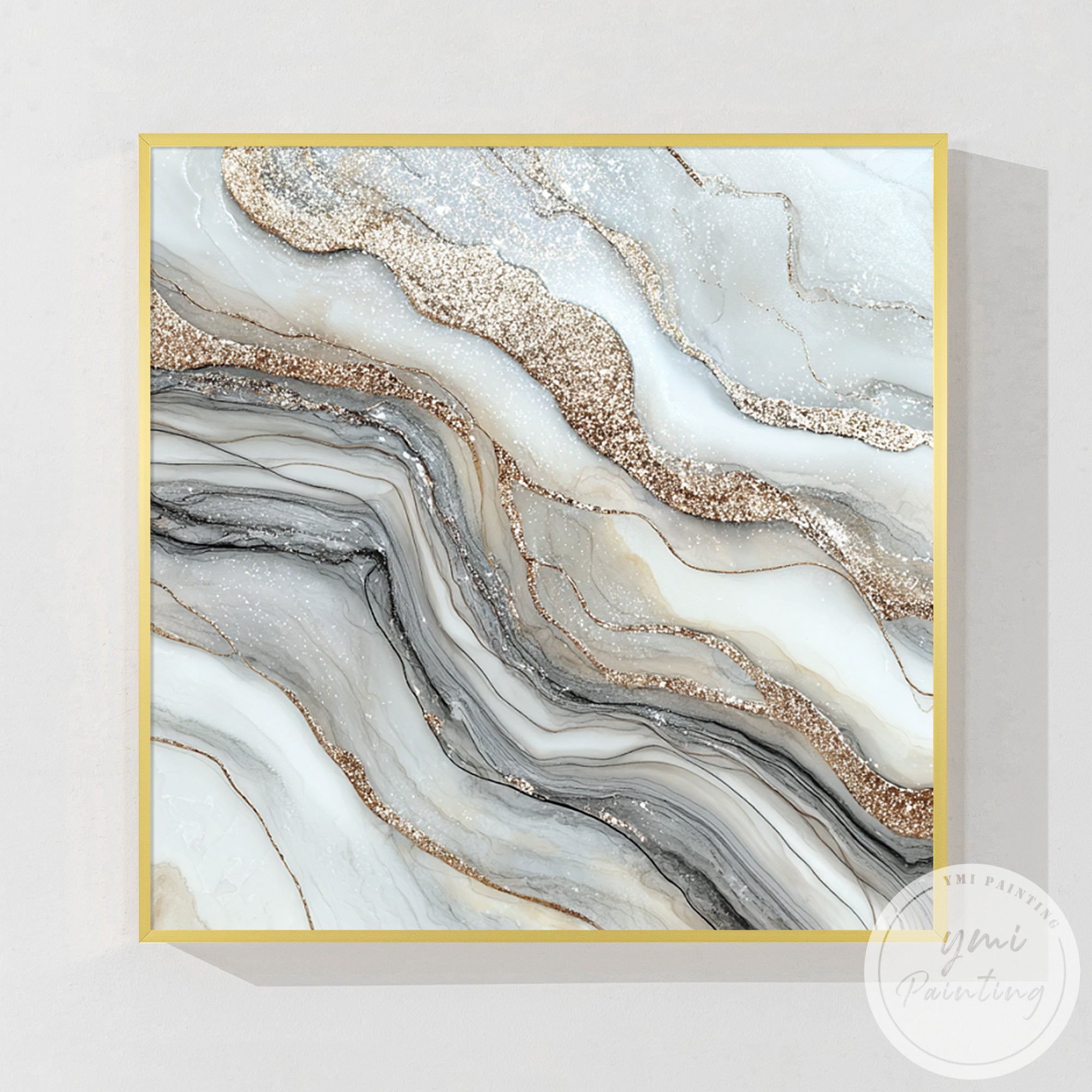 Luxury abstract marble canvas wall art displayed above modern living room sofa