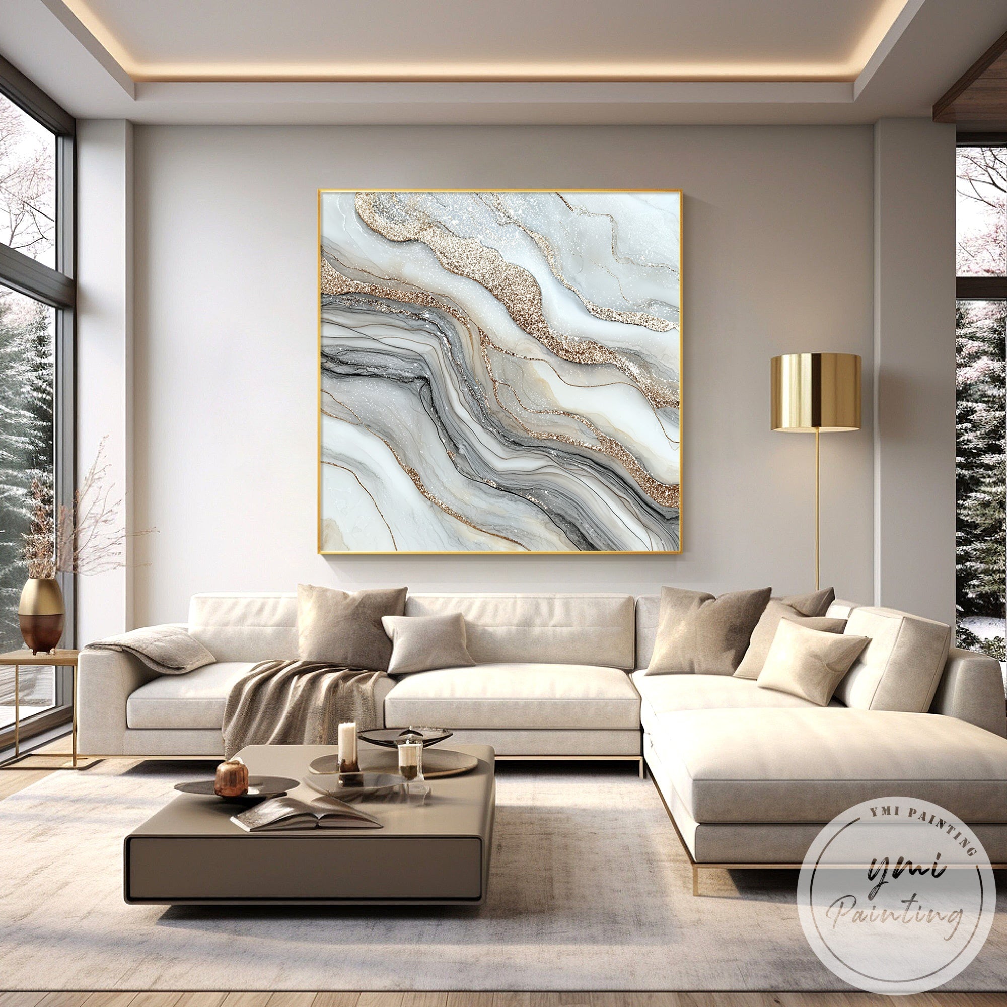 Large marble effect abstract painting above sectional sofa in contemporary home decor