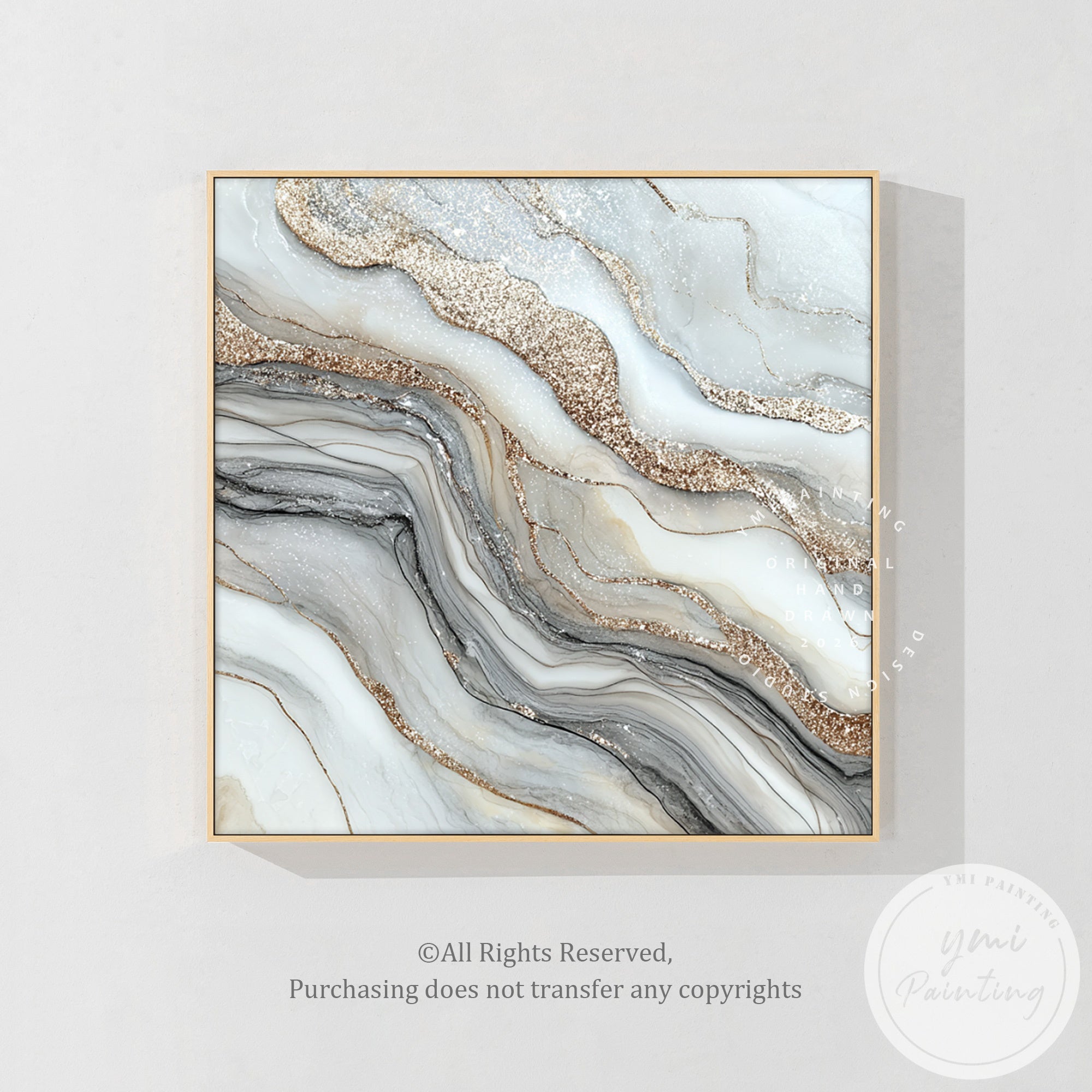 Gold veined abstract wall art displayed above wooden dining table in modern dining room