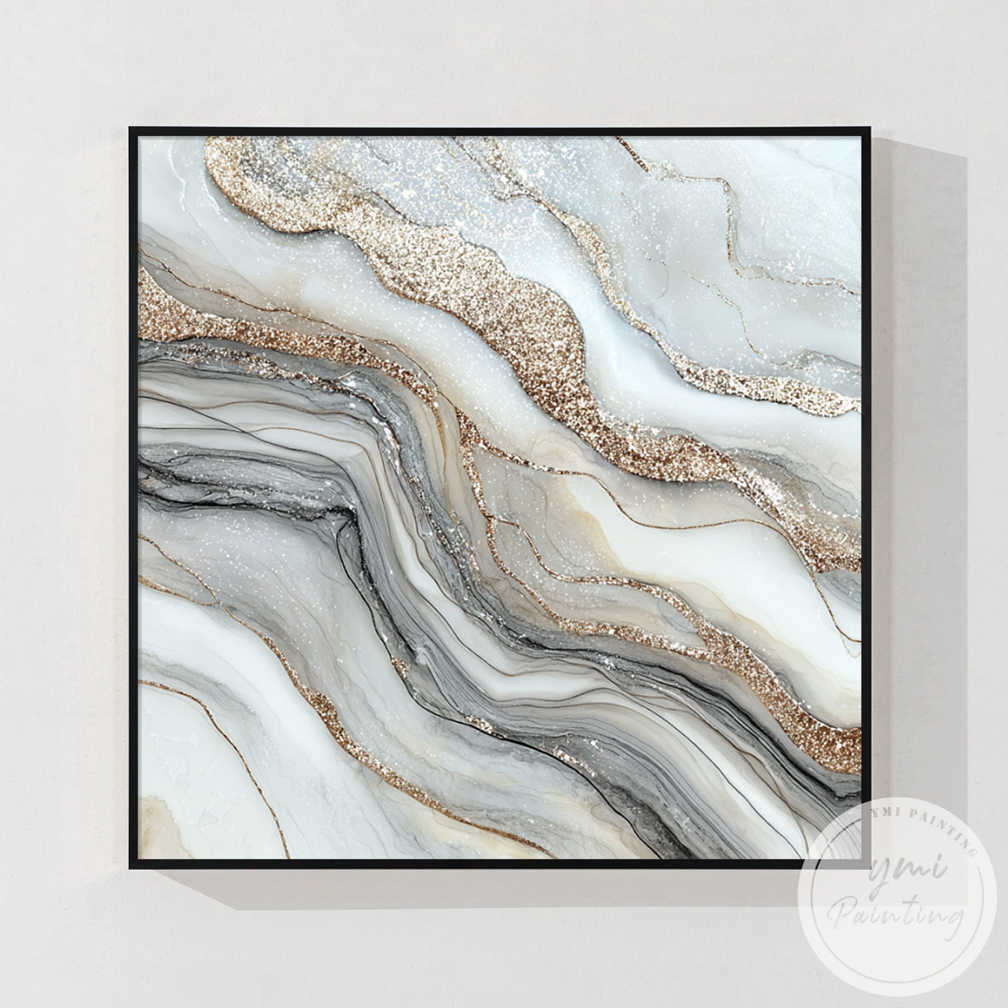 Large textured gold and grey wall art in open concept living and dining room