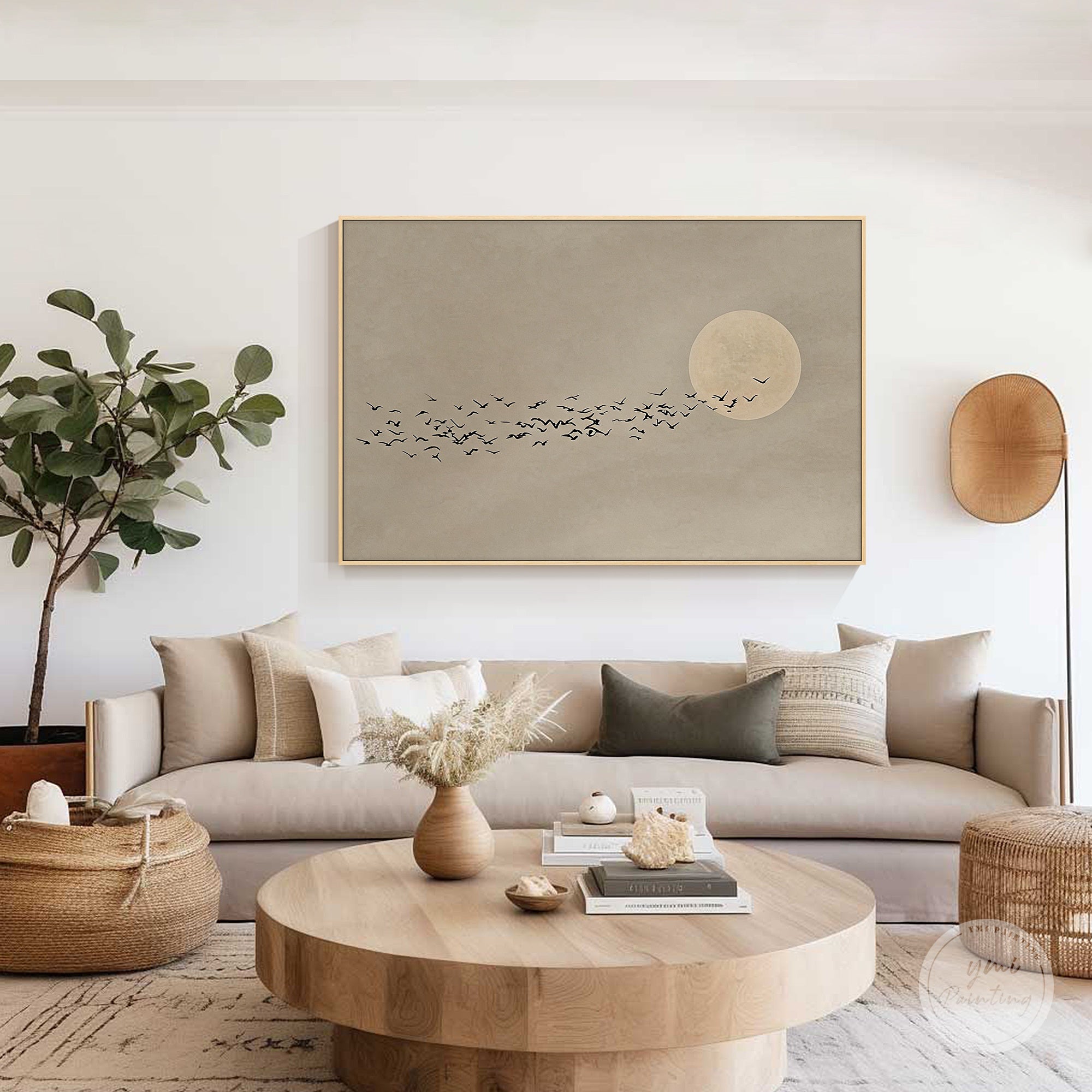 Modern landscape art with moon and flock of birds