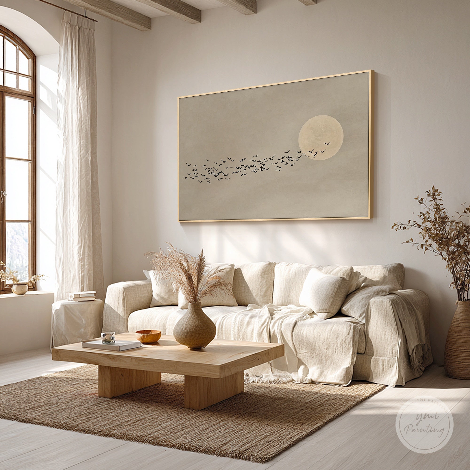 Calm beige minimalist birds in flight artwork print