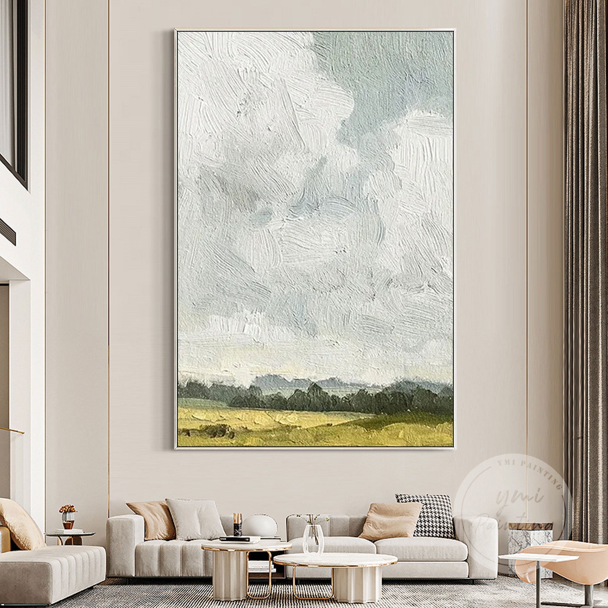 Minimalist oil painting of an open field under a cloudy sky.