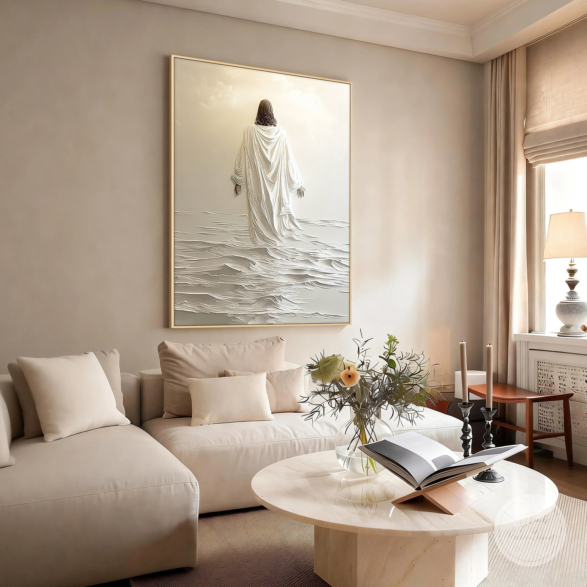 Elegant 3D Jesus walking on water artwork, spiritual home display