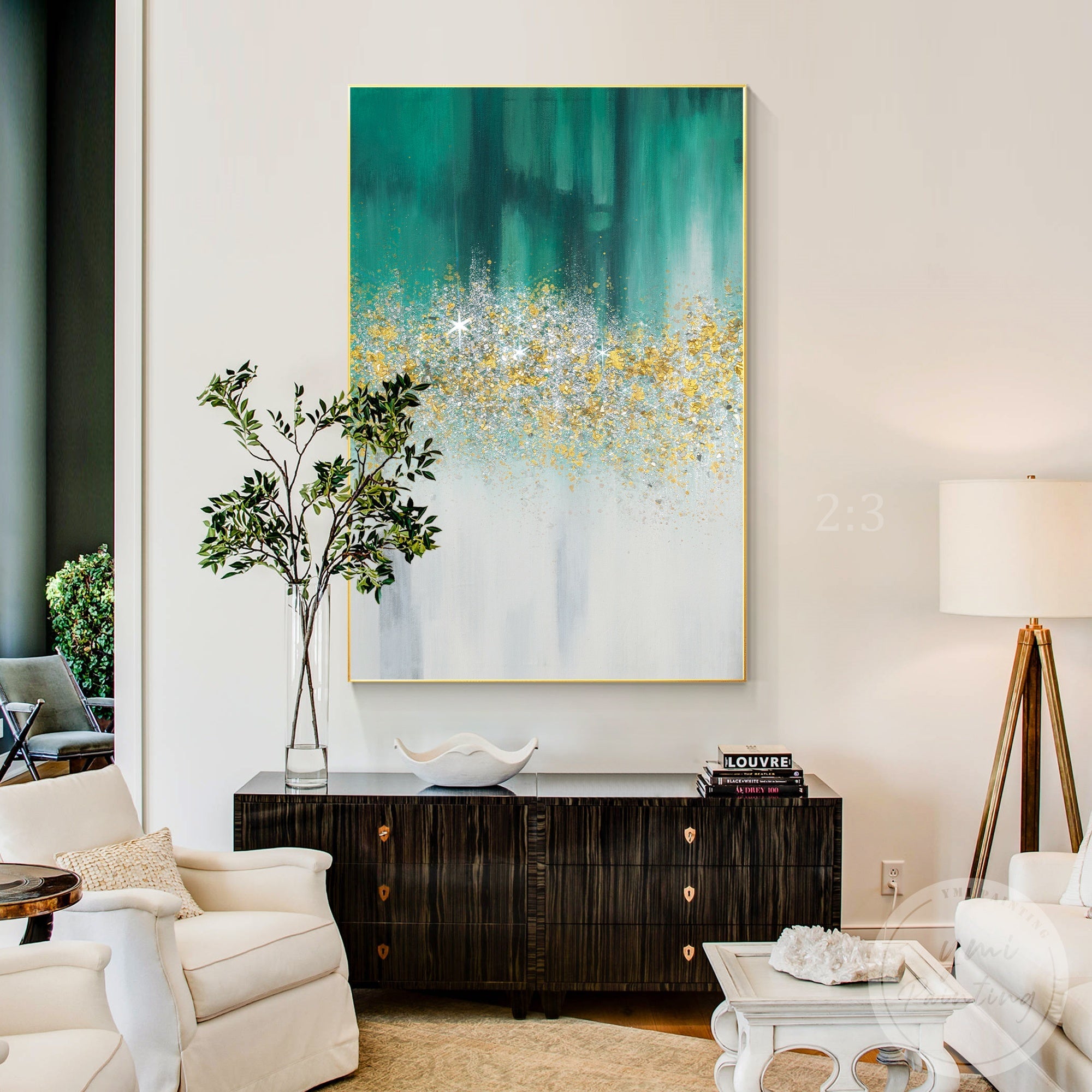 minimalist teal white abstract painting with gold glitter