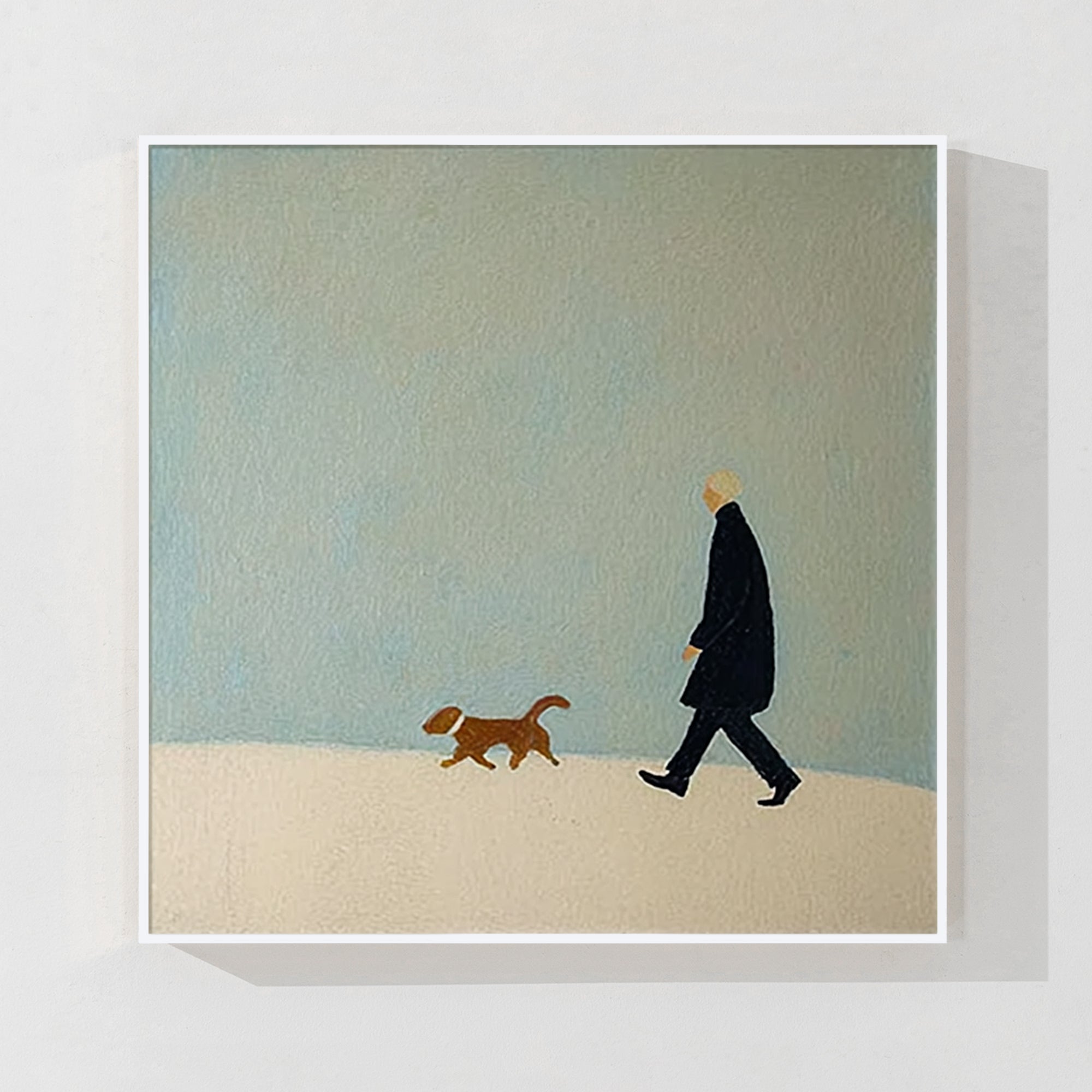 Minimalist wall art of person walking a dog, displayed in a living room.