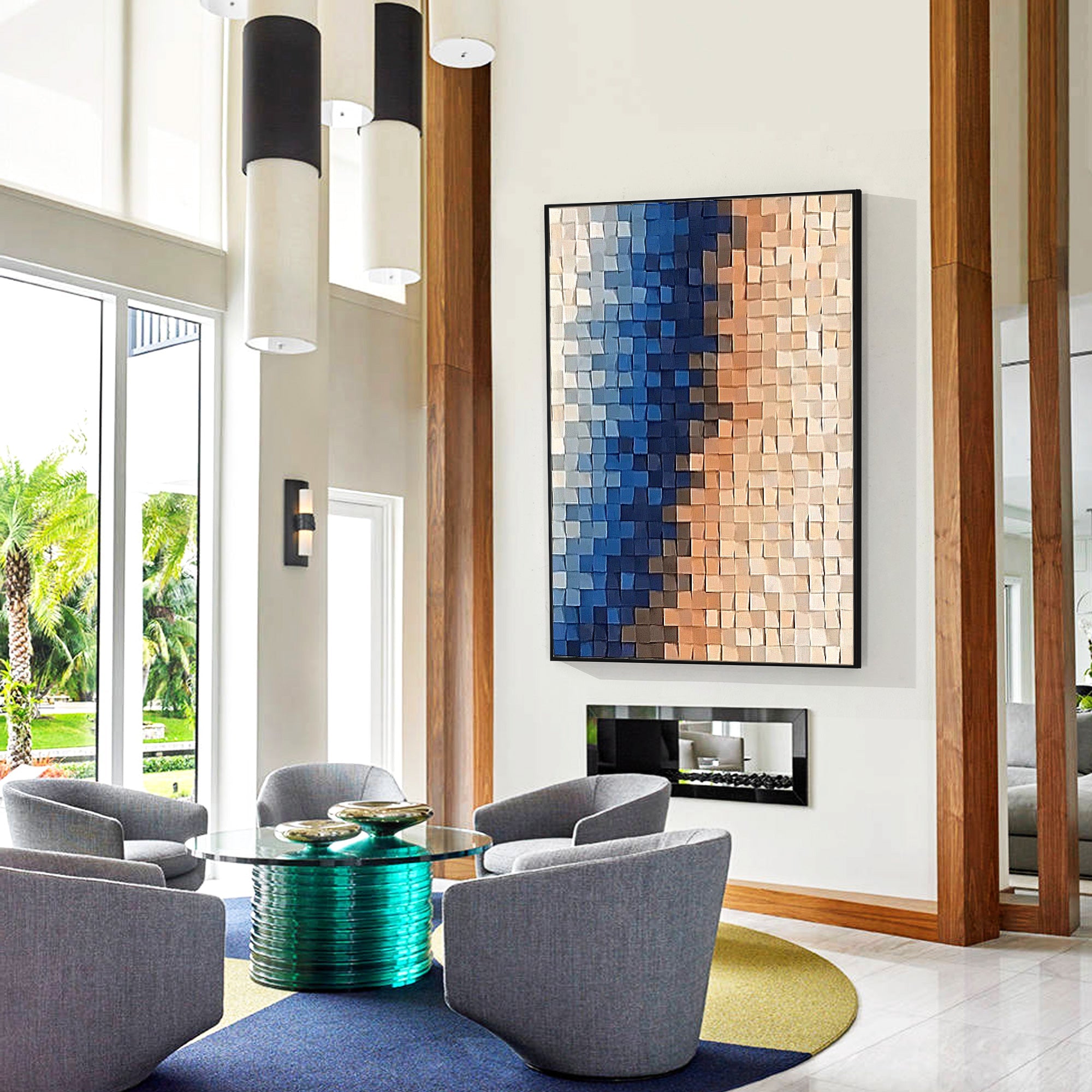 Sophisticated artwork with wooden squares in blue and peach hues, layered meticulously to form a modern minimalist design.
