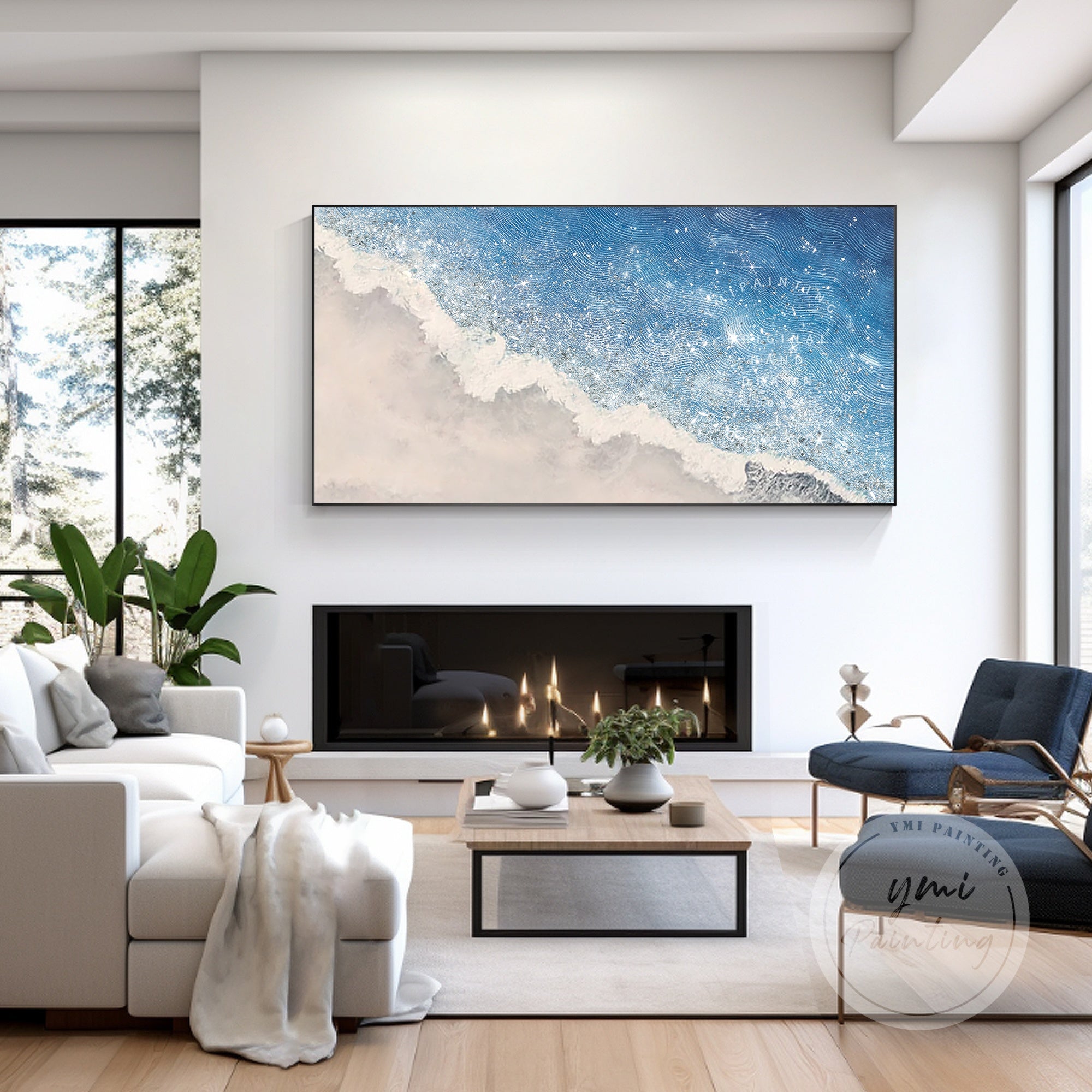 A serene coastal painting featuring white sand, textured waves, and shimmering blue tones, perfect for a calming living room atmosphere.