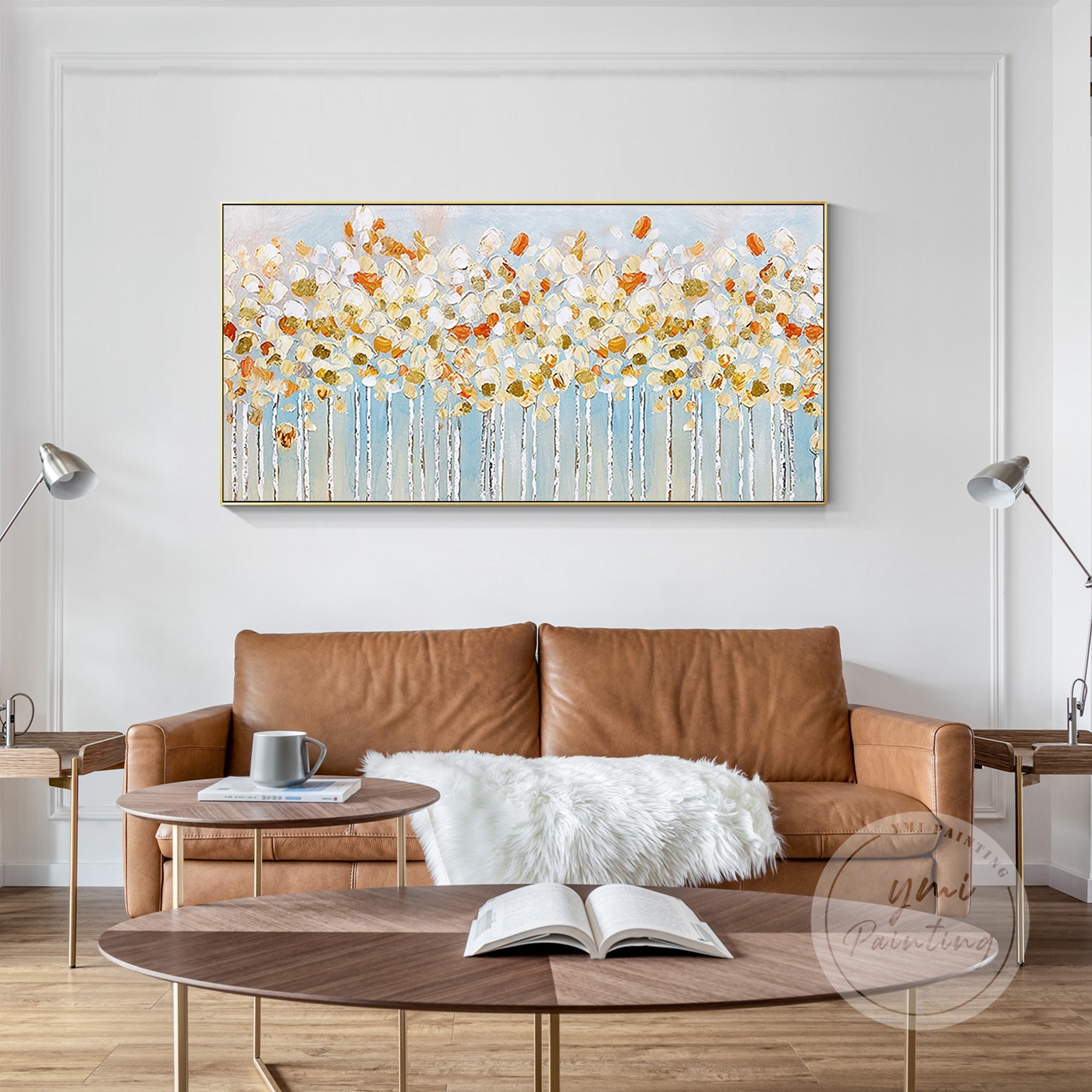 Enhance your soft home interiors with this minimalist birch tree wall painting, where autumn colors and delicate brushwork exude elegance.
