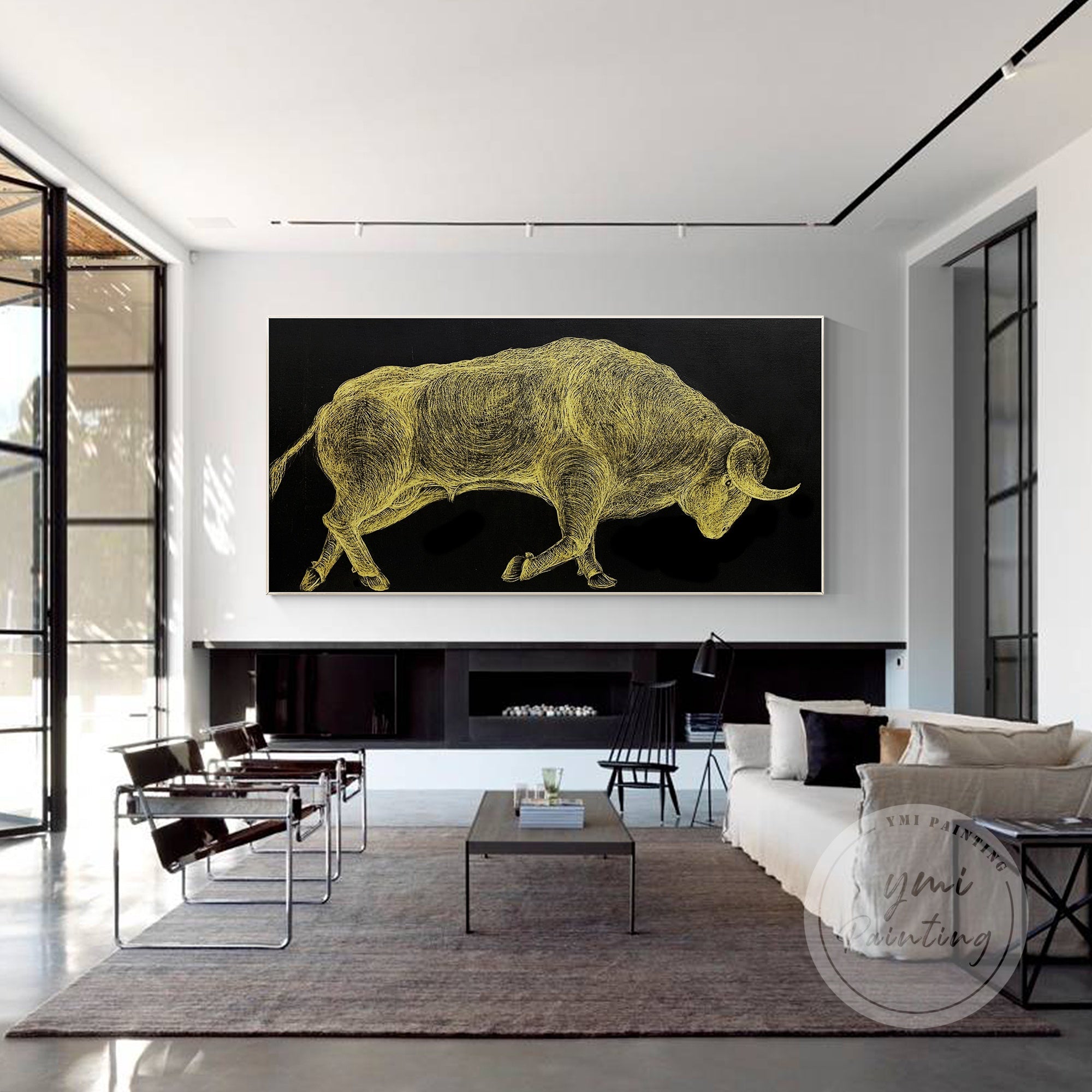 Minimalist golden bull line painting for modern living room decor