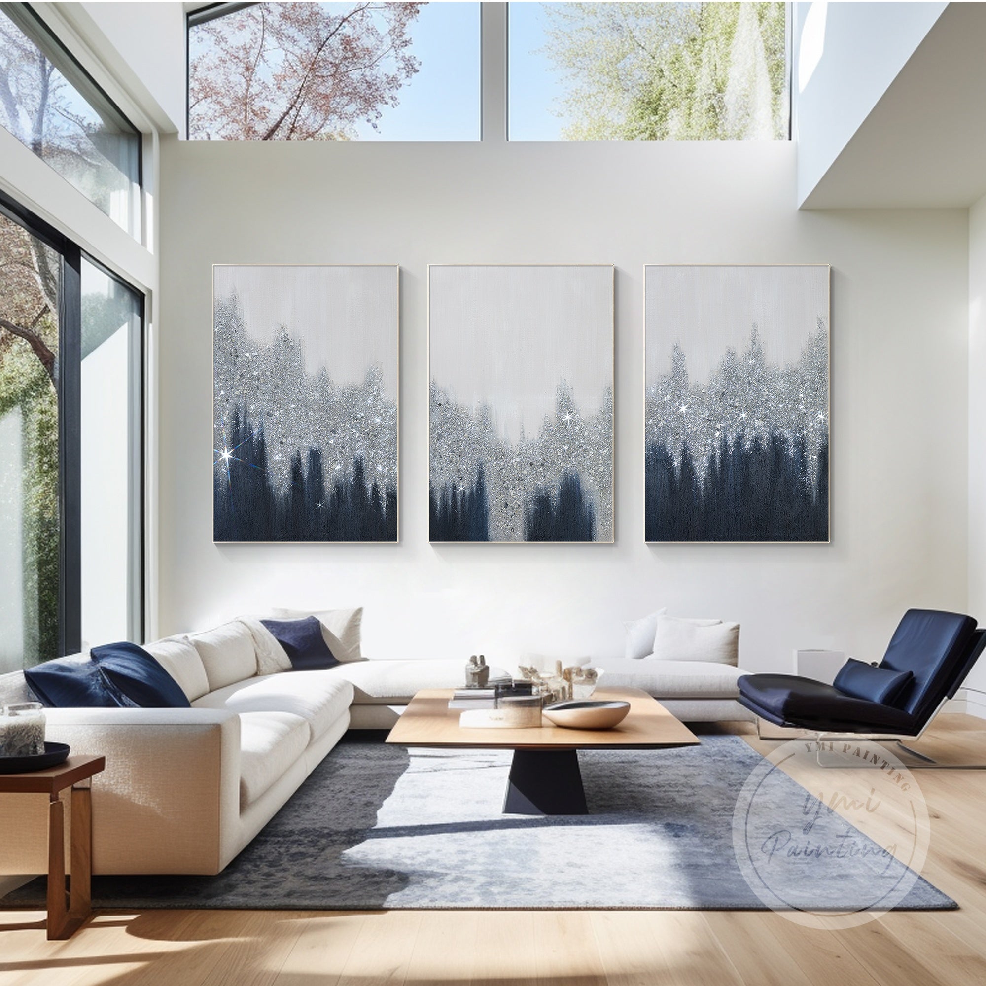 Abstract sliver glitter painting with clean navy-to-grey tones, perfect for adding elegance to living rooms or bedrooms.