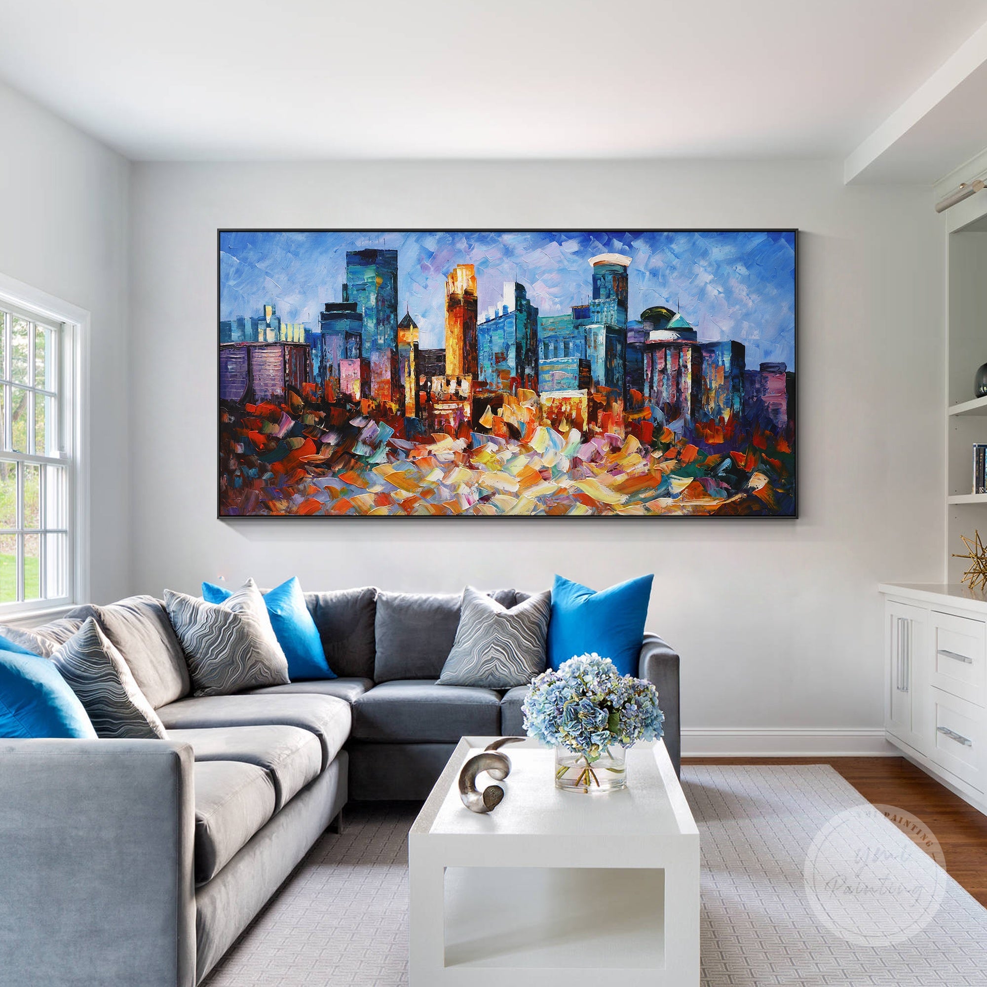 Abstract Minneapolis skyline art, featuring rich colors and dynamic texture through palette knife strokes.