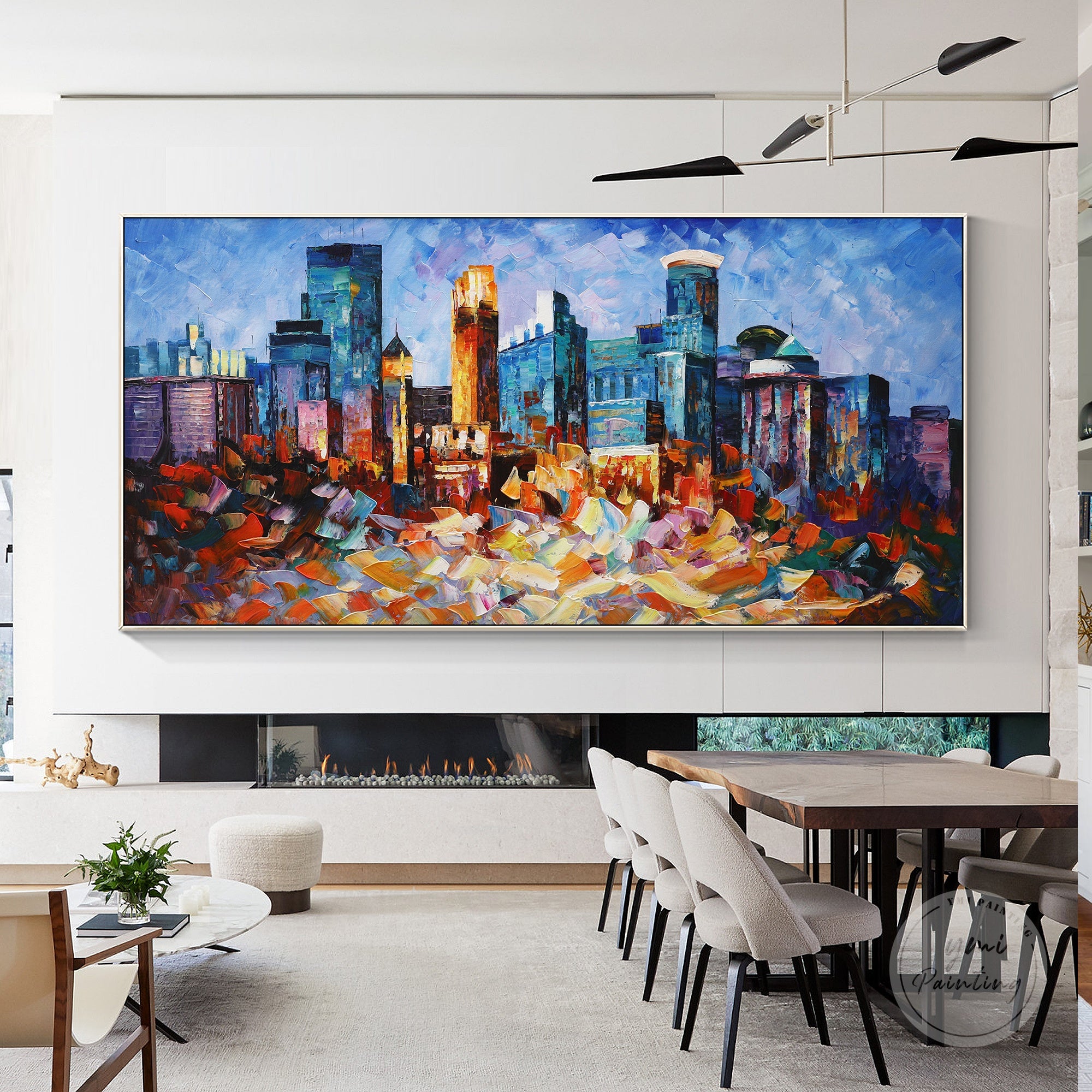 Vibrant Minneapolis cityscape painting, hand-painted with textured palette knife strokes.