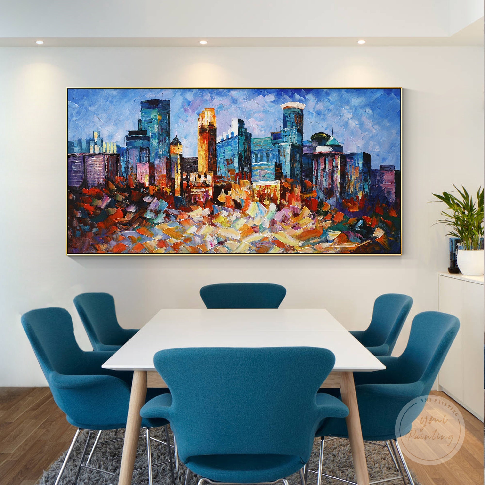 Minneapolis abstract cityscape oil painting, featuring dynamic brushwork and vibrant colors.