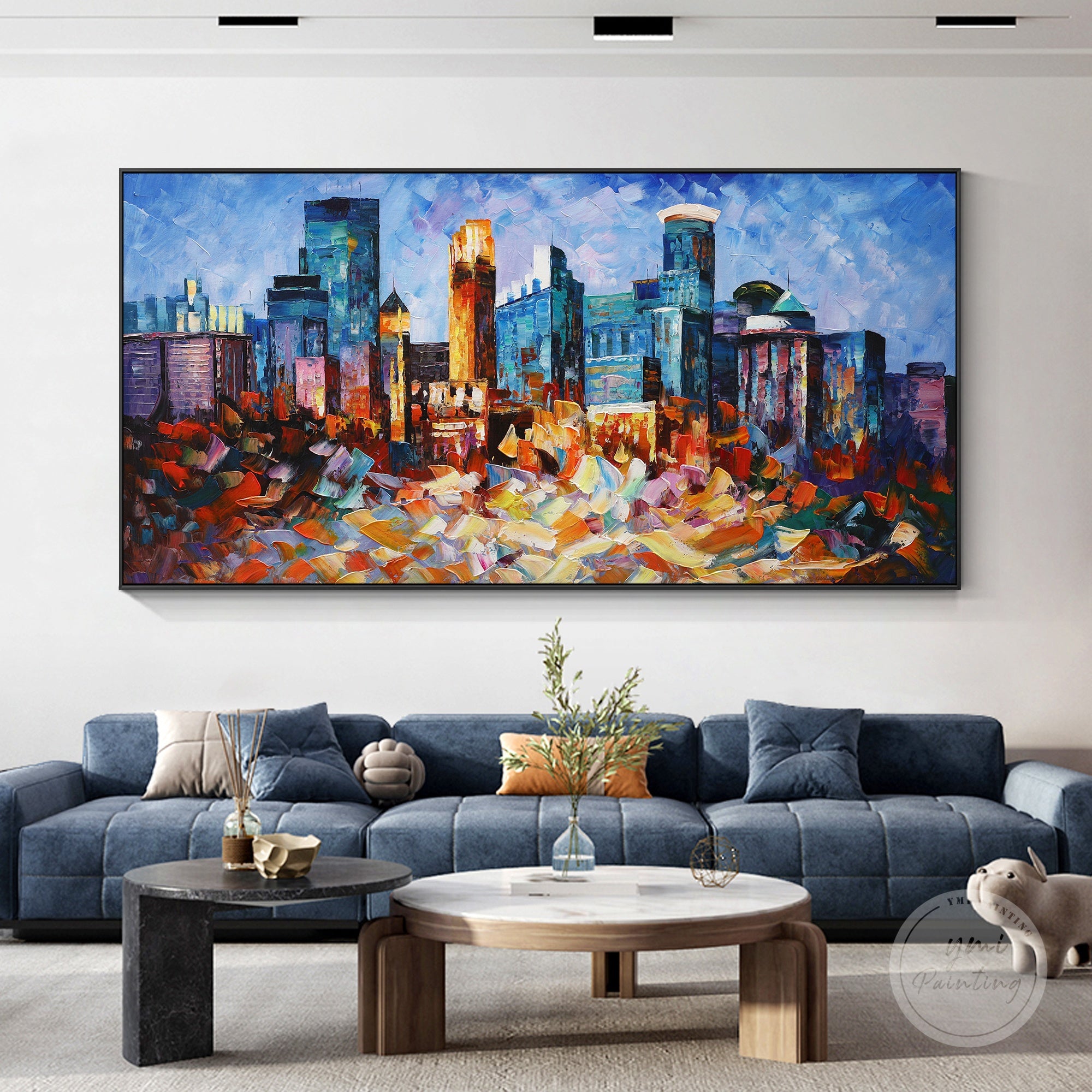 Hand-painted Minneapolis skyline with bold palette knife technique, adding depth and energy to your space.