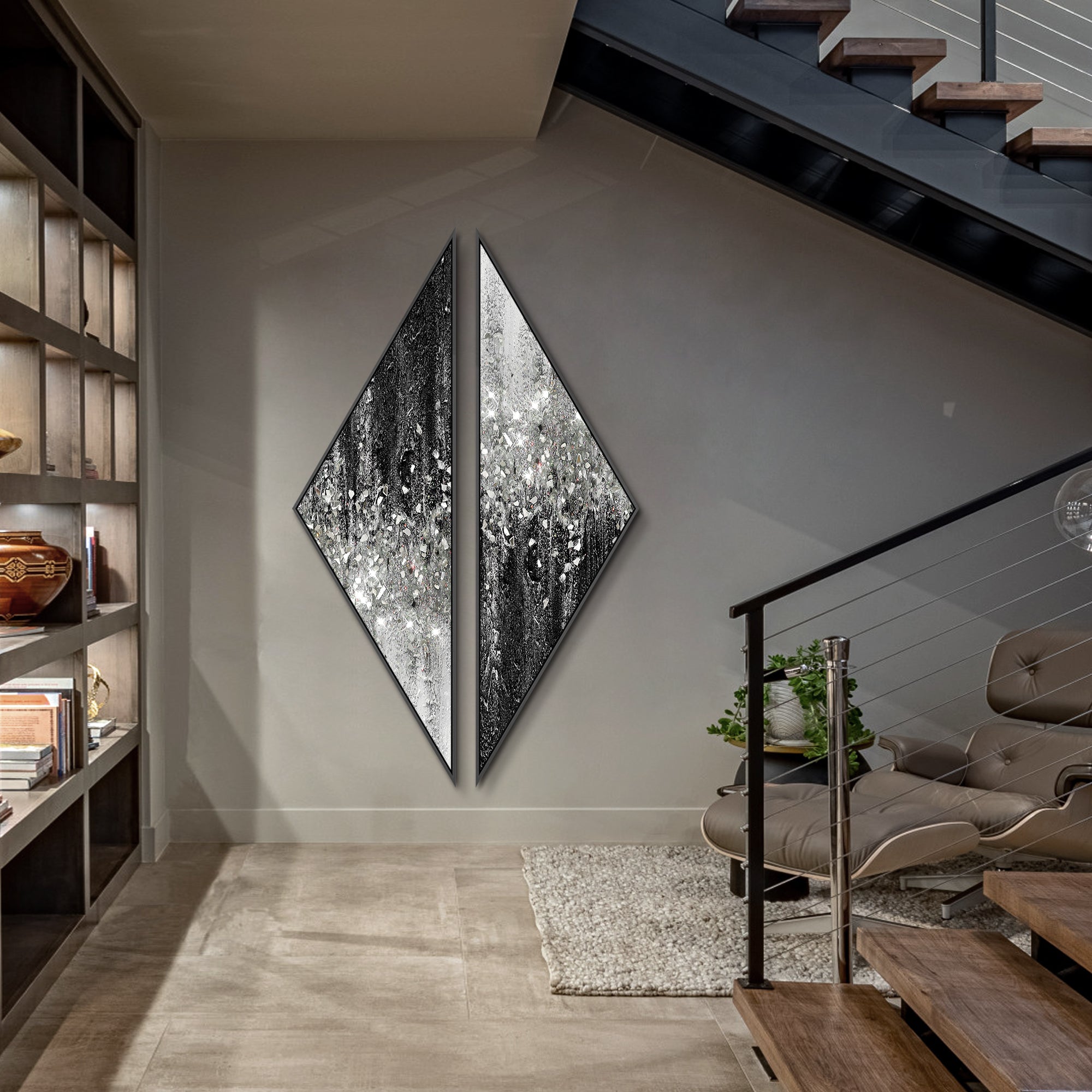 Pair of abstract glitter paintings with inverted black and silver layouts for a layered display