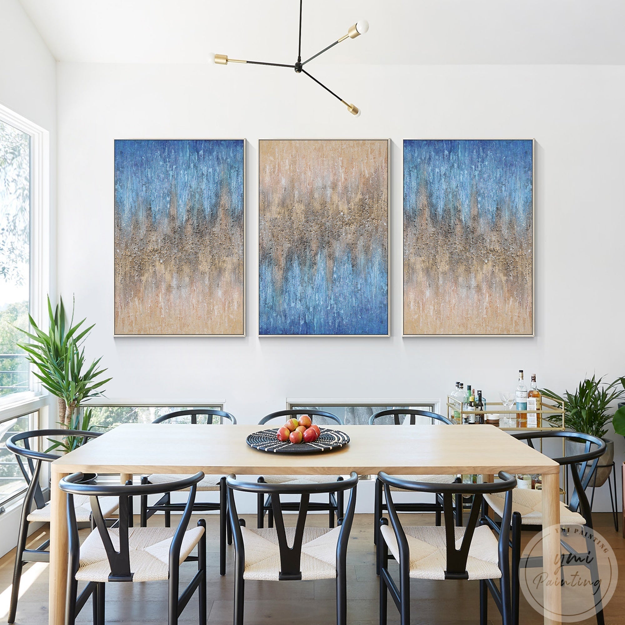 Blue and beige canvas set with stone accents and abstract texture