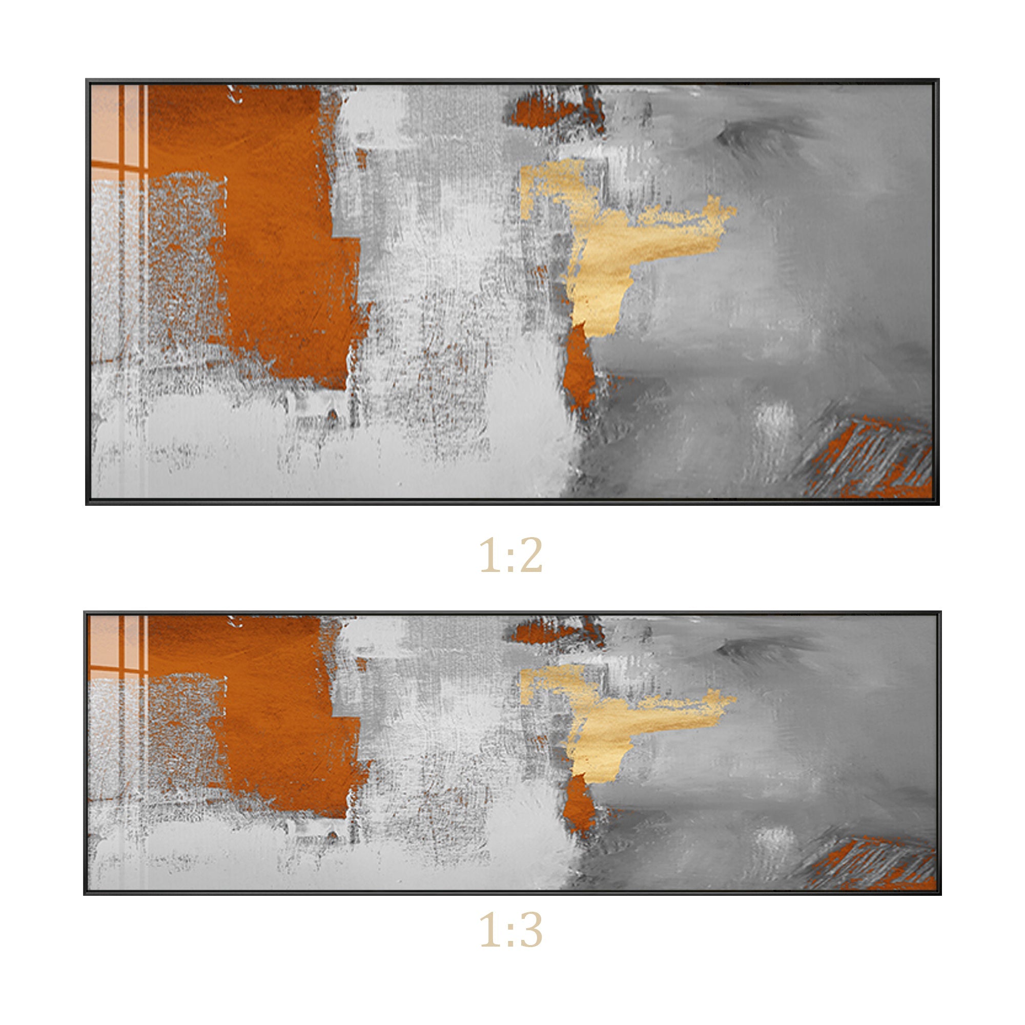 Dynamic brushstrokes in gray, white, orange, and gold creating texture and contrast by the ratio of both 1:2 or 1:3 in a black frame