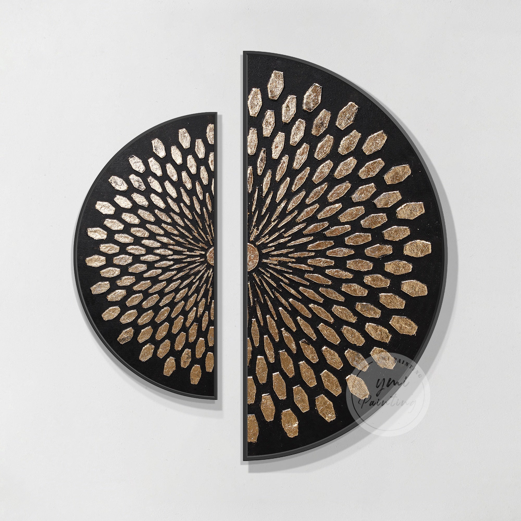 Abstract gold wall art diptych in a bright entryway, stylish housewarming gift for friends