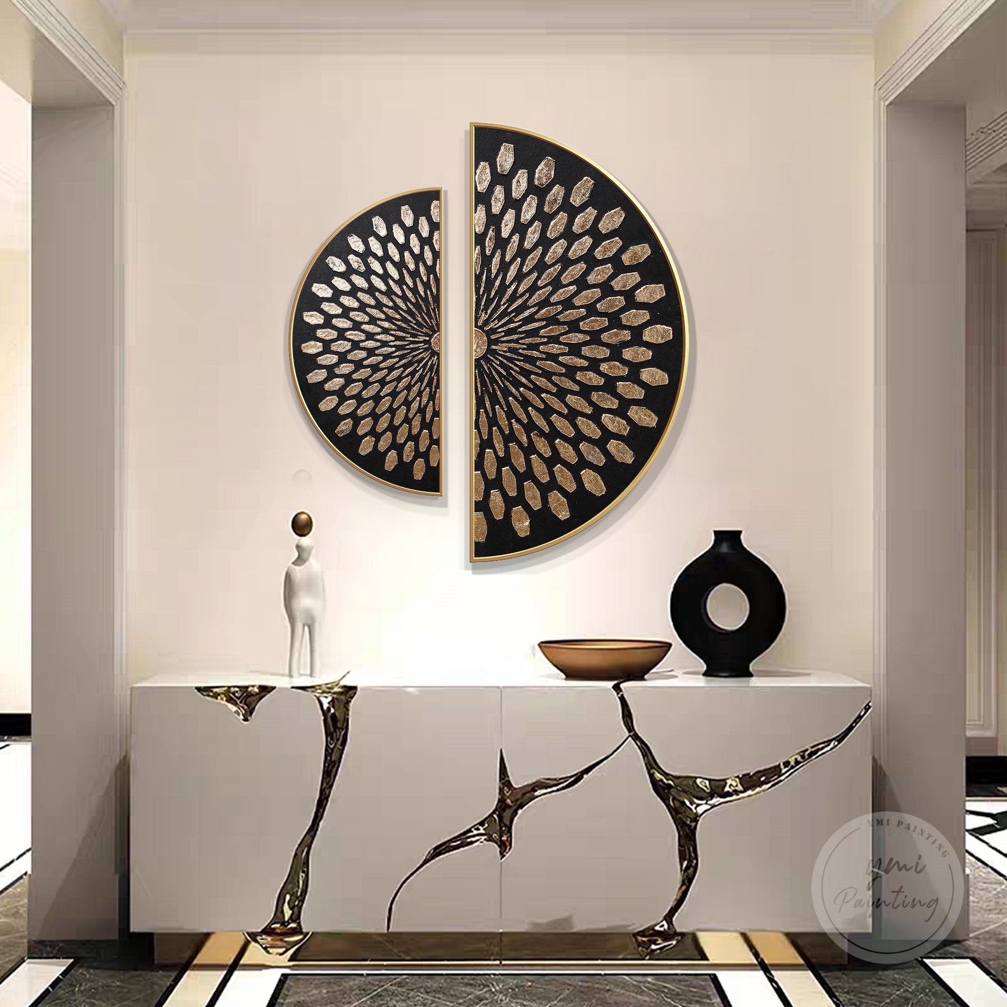 Gold half circle wall art hanging in a minimalist dining room, refined gift for interior design enthusiasts