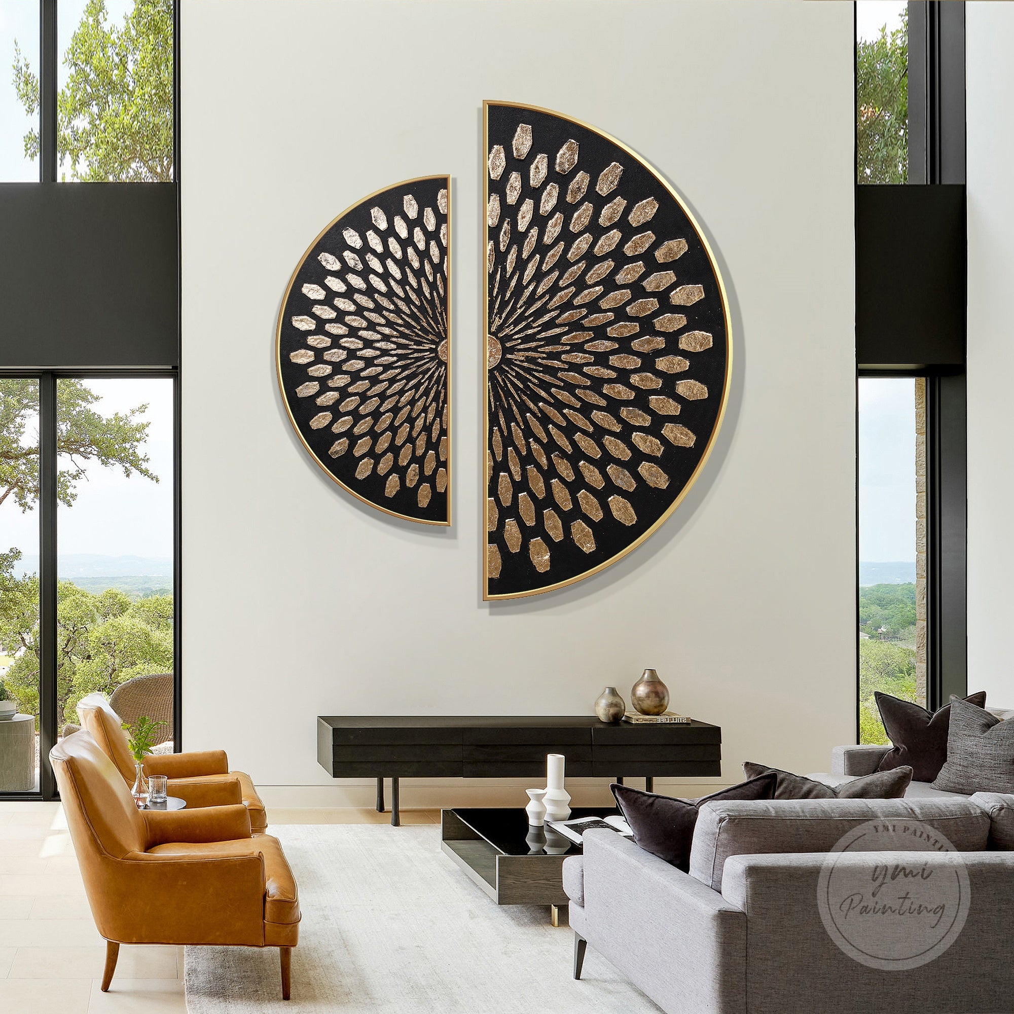 Minimalist half circle diptych wall art above a neutral sofa, perfect wedding gift for modern couples