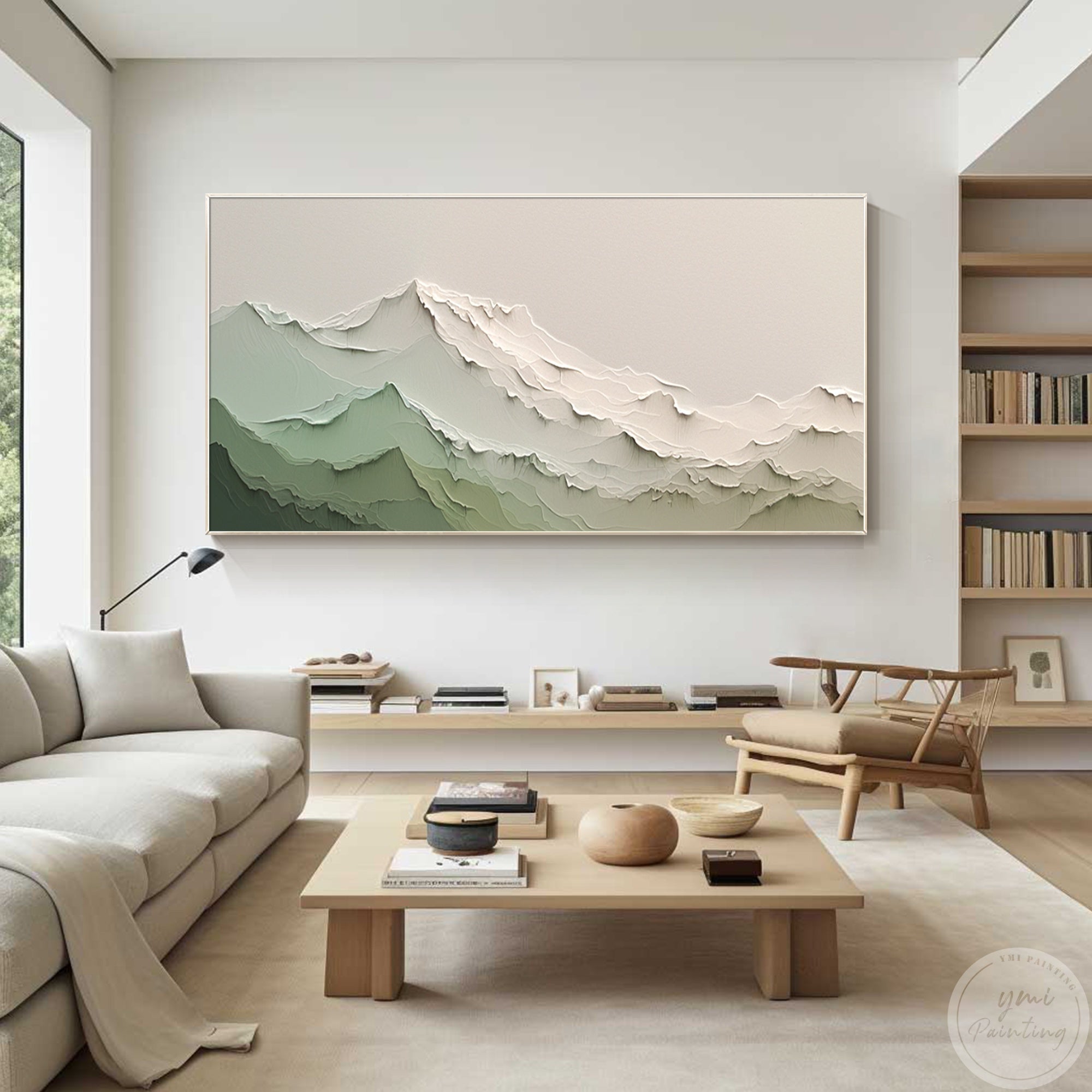 This abstract painting of a mountain range features a neutral palette and subtle gradients, perfect for creating a warm, soothing atmosphere.