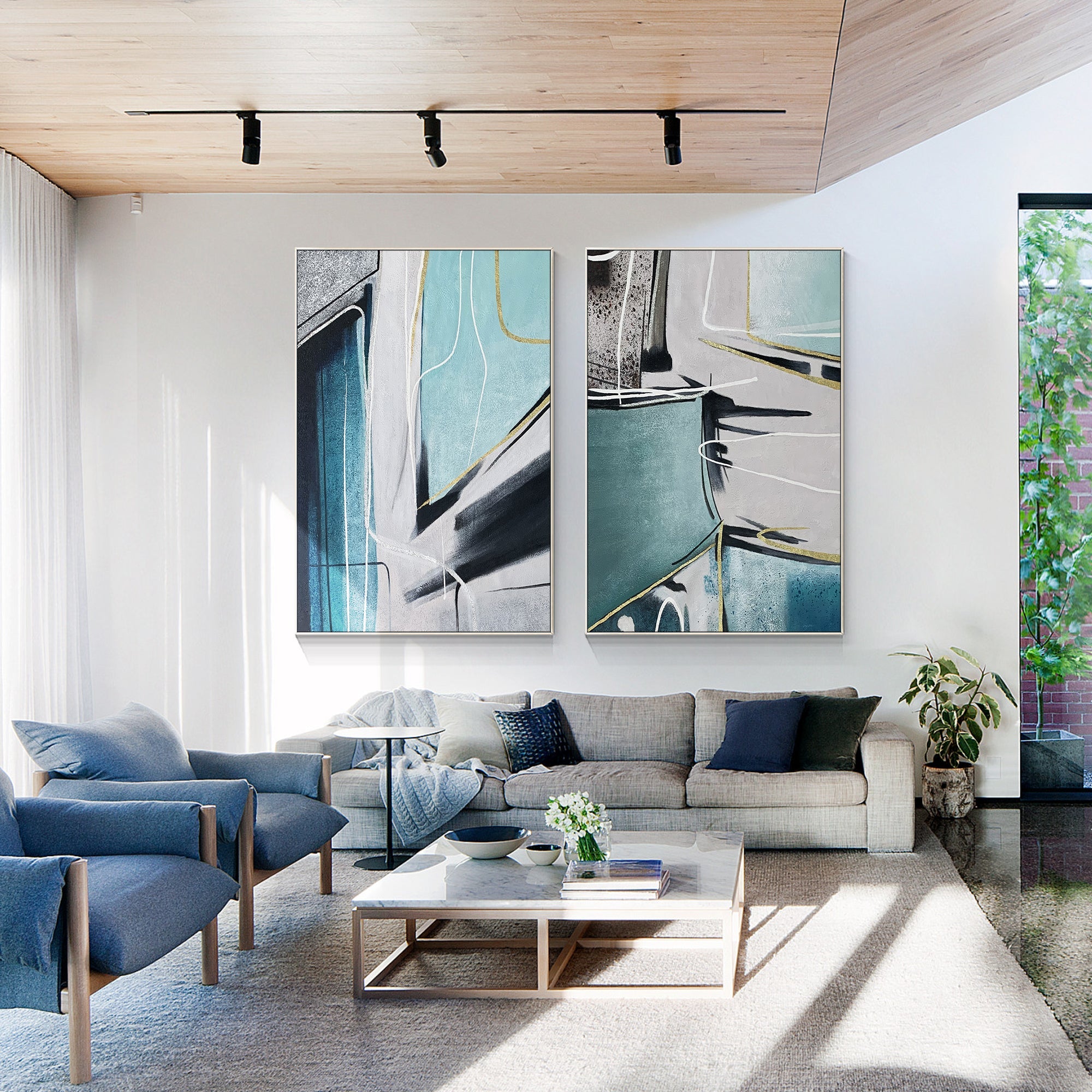 Abstract wall art set featuring layered blue green surfaces and expressive linear details.