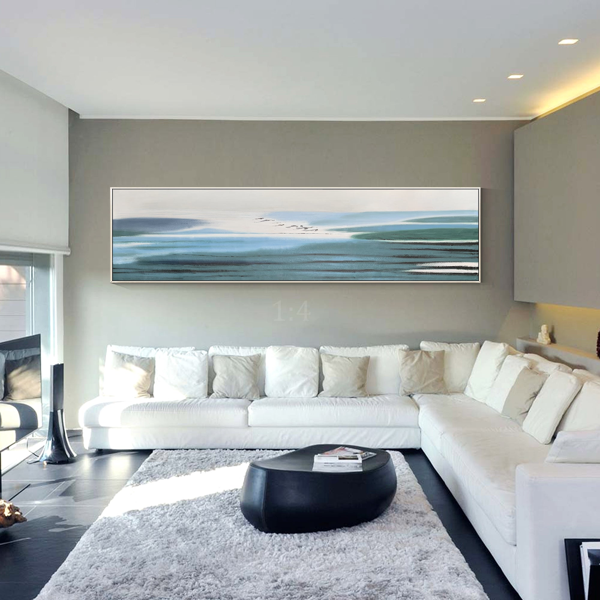 Modern abstract wall art in layered blue tones with smooth edges and water-like visual depth