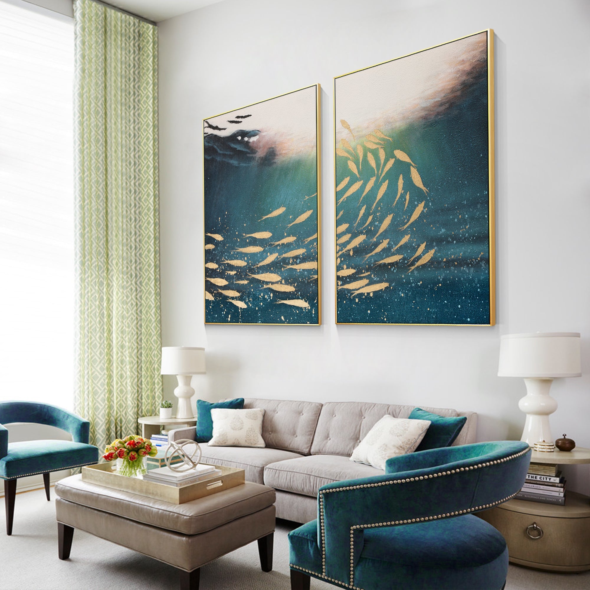 Modern blue gold fish abstract painting set of 2 displayed in the living room