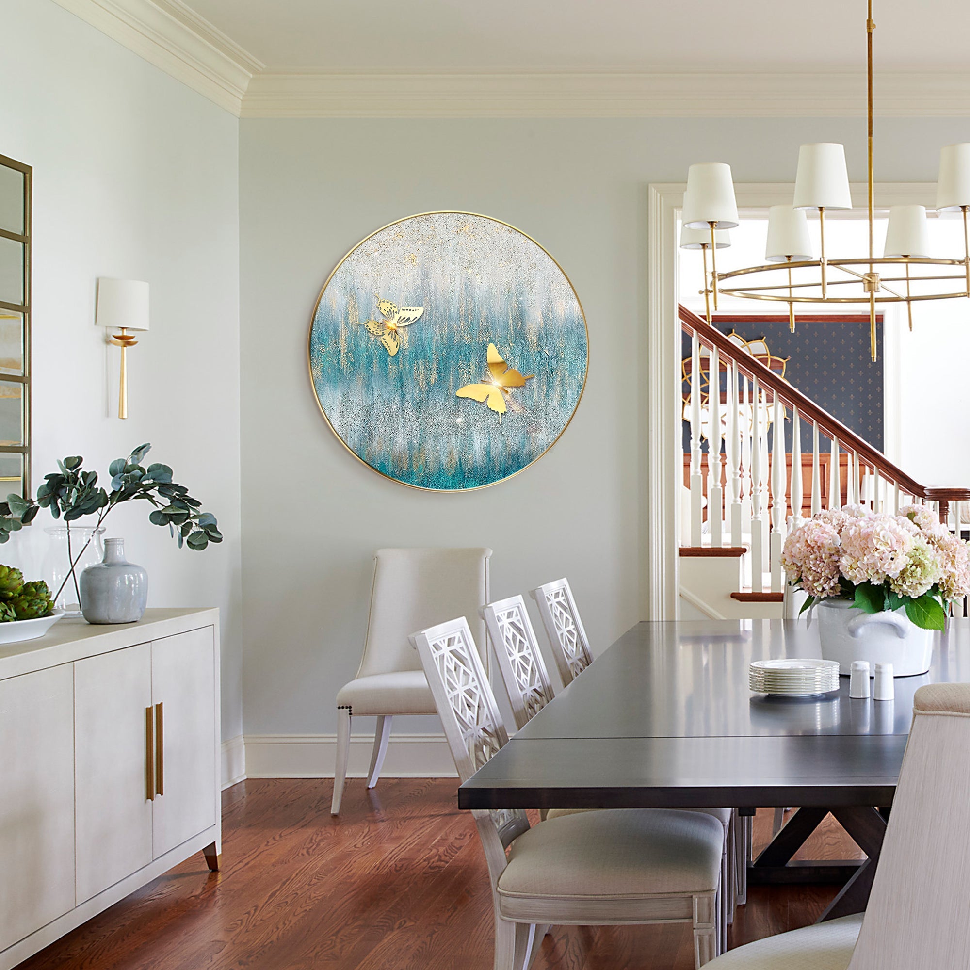 Abstract wall art with blue green and gray gradient and gold shimmer