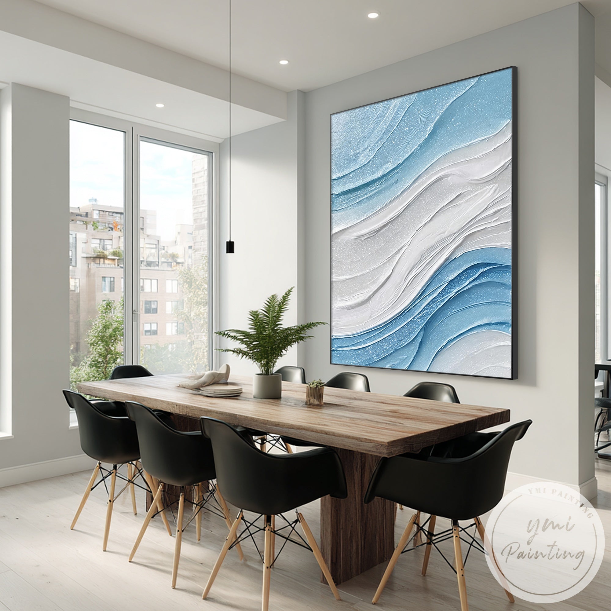 Coastal abstract artwork with layered wave textures