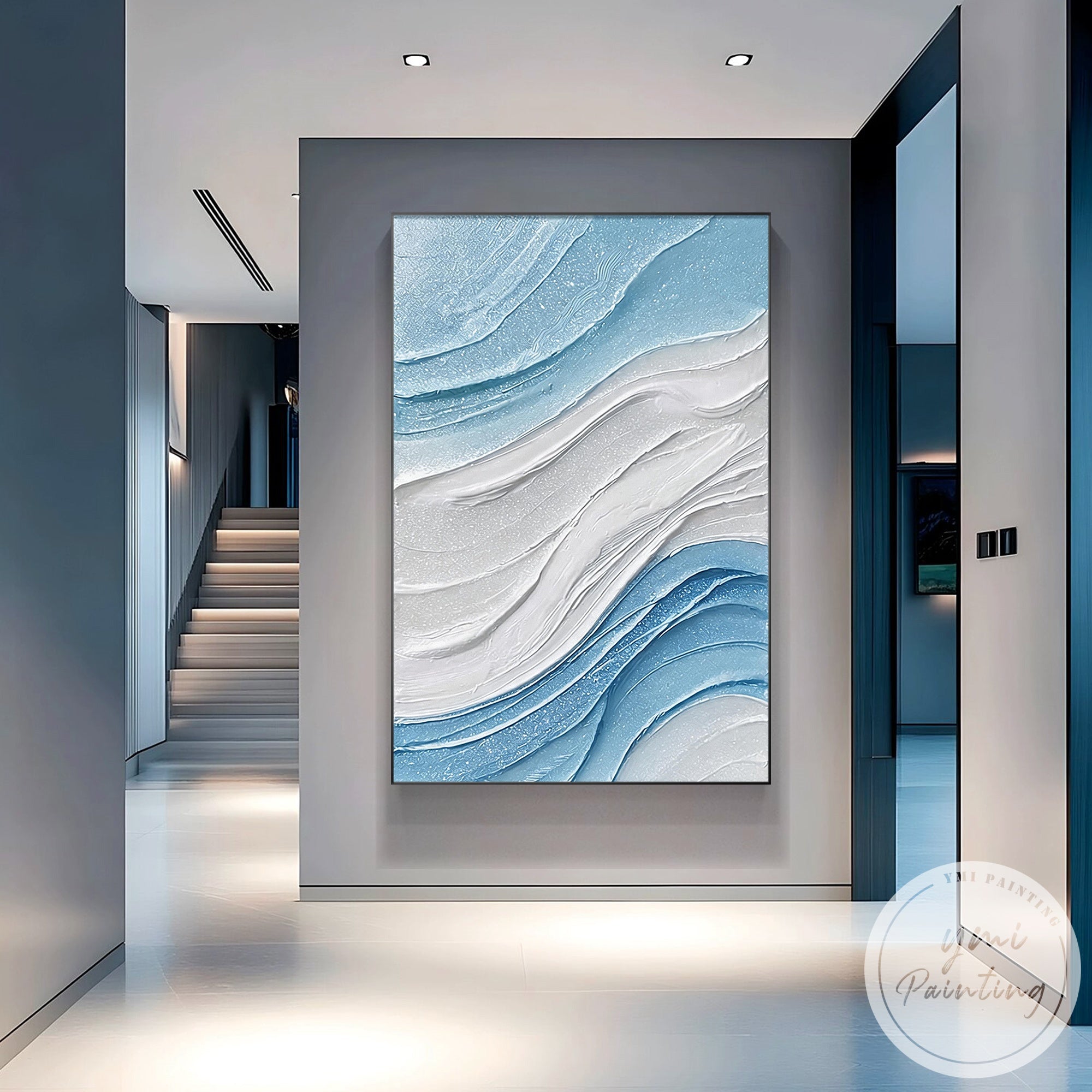 Blue minimalist abstract painting with sculptural texture