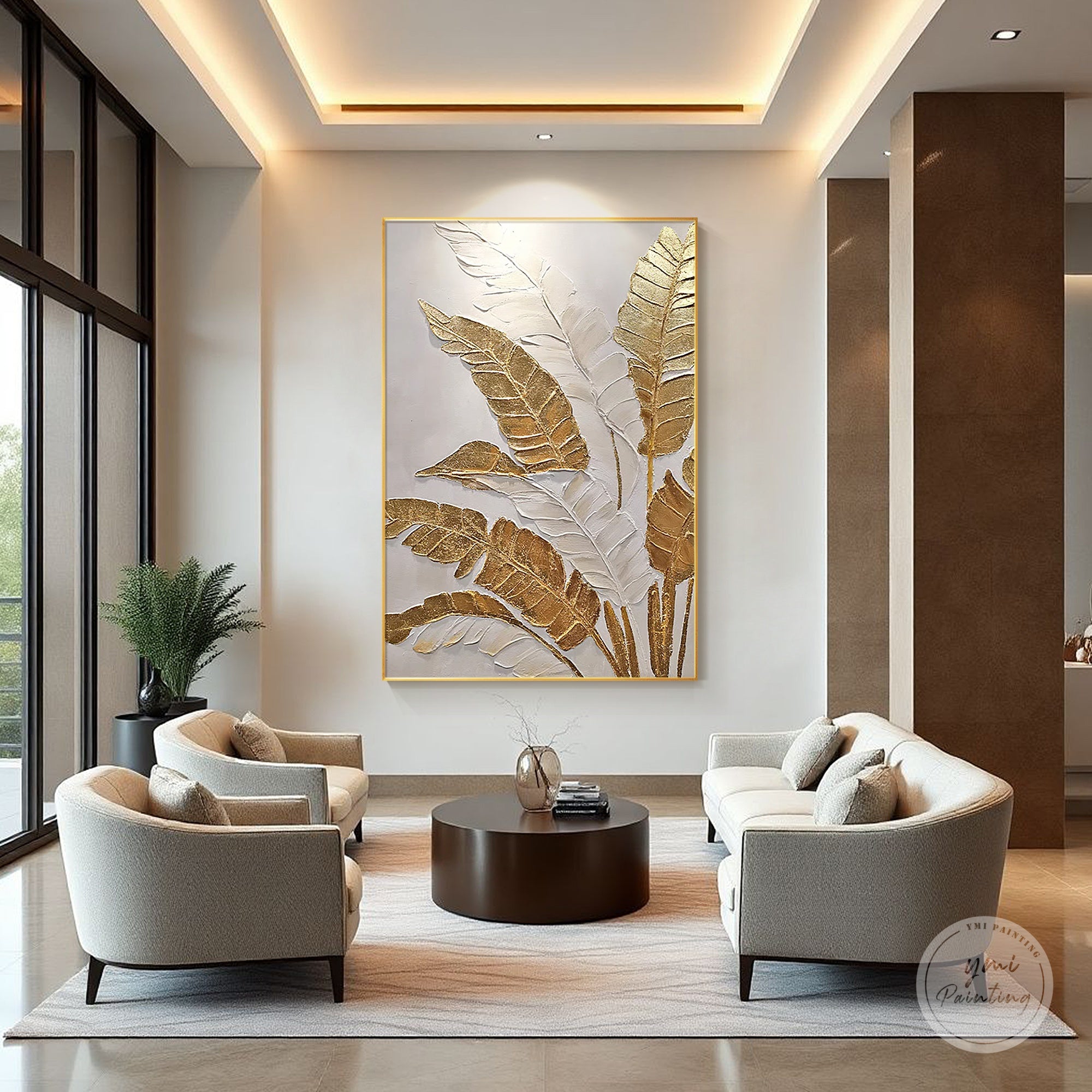 Gold and white botanical canvas wall decor in a contemporary living room
