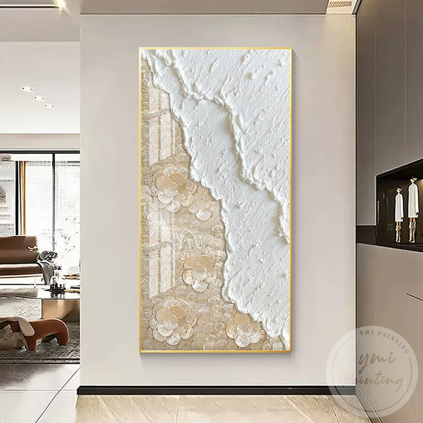 Hand painted white relief canvas artwork