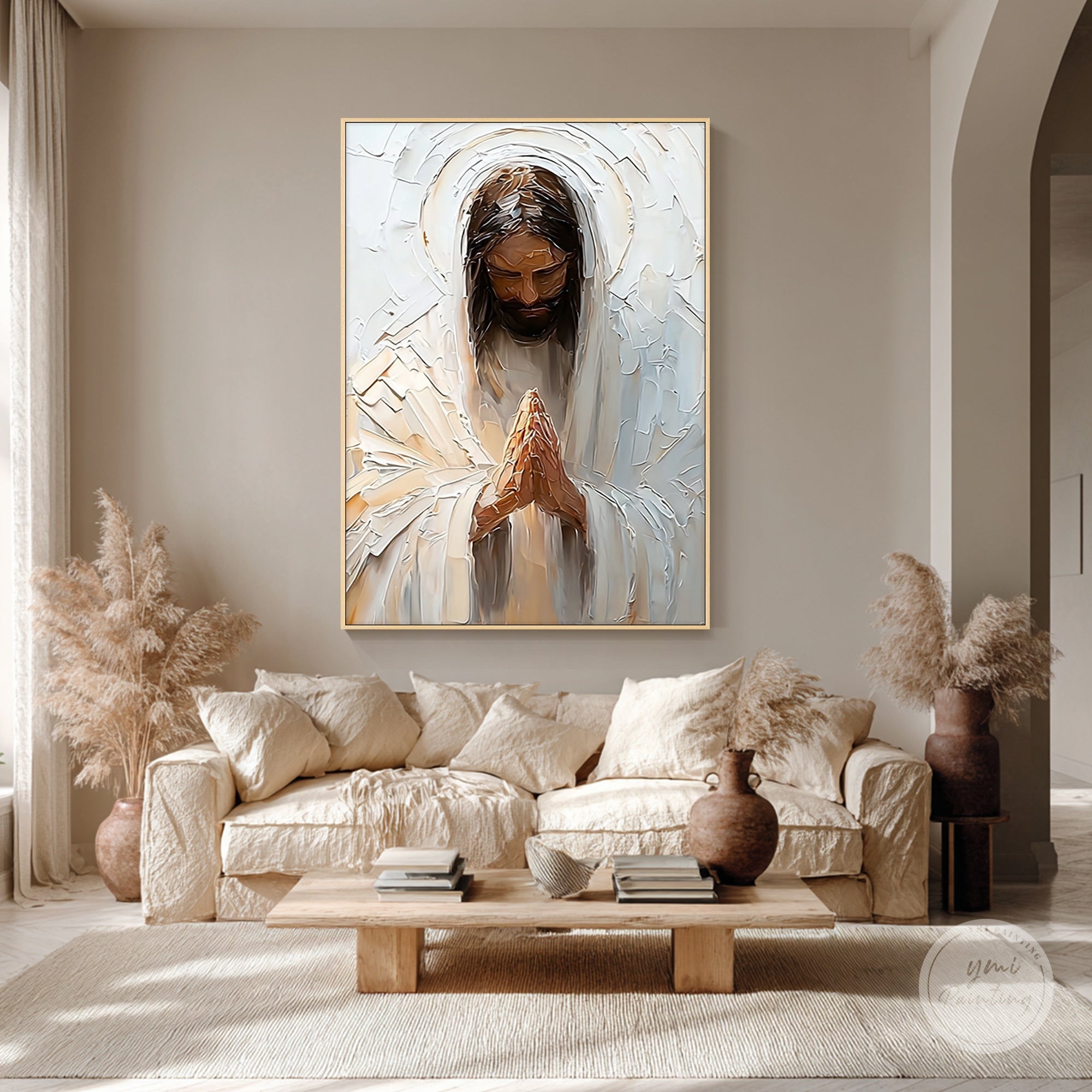 Jesus-bønne-maleri i et arbeidsrom som skaper et stille og reflekterende arbeidsområde.