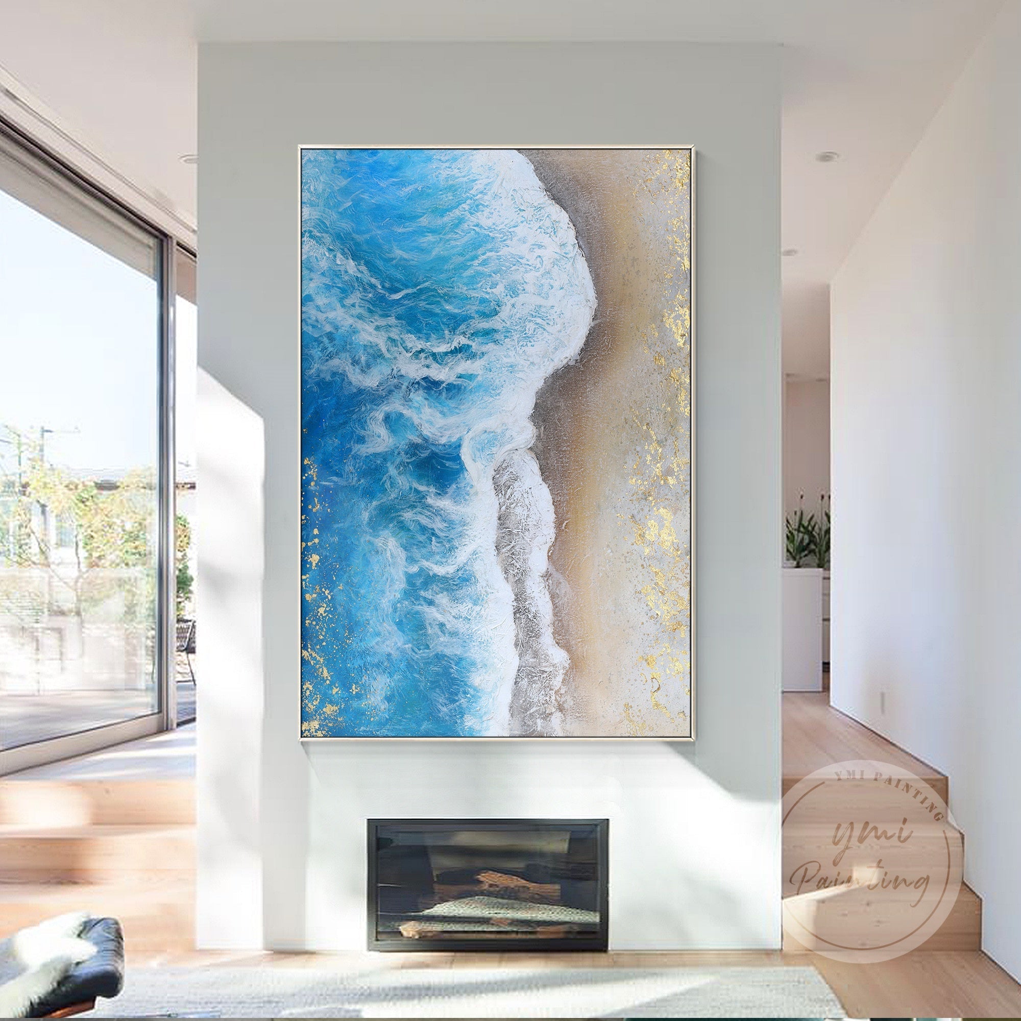 Modern coastal abstract art with waves and gold accents