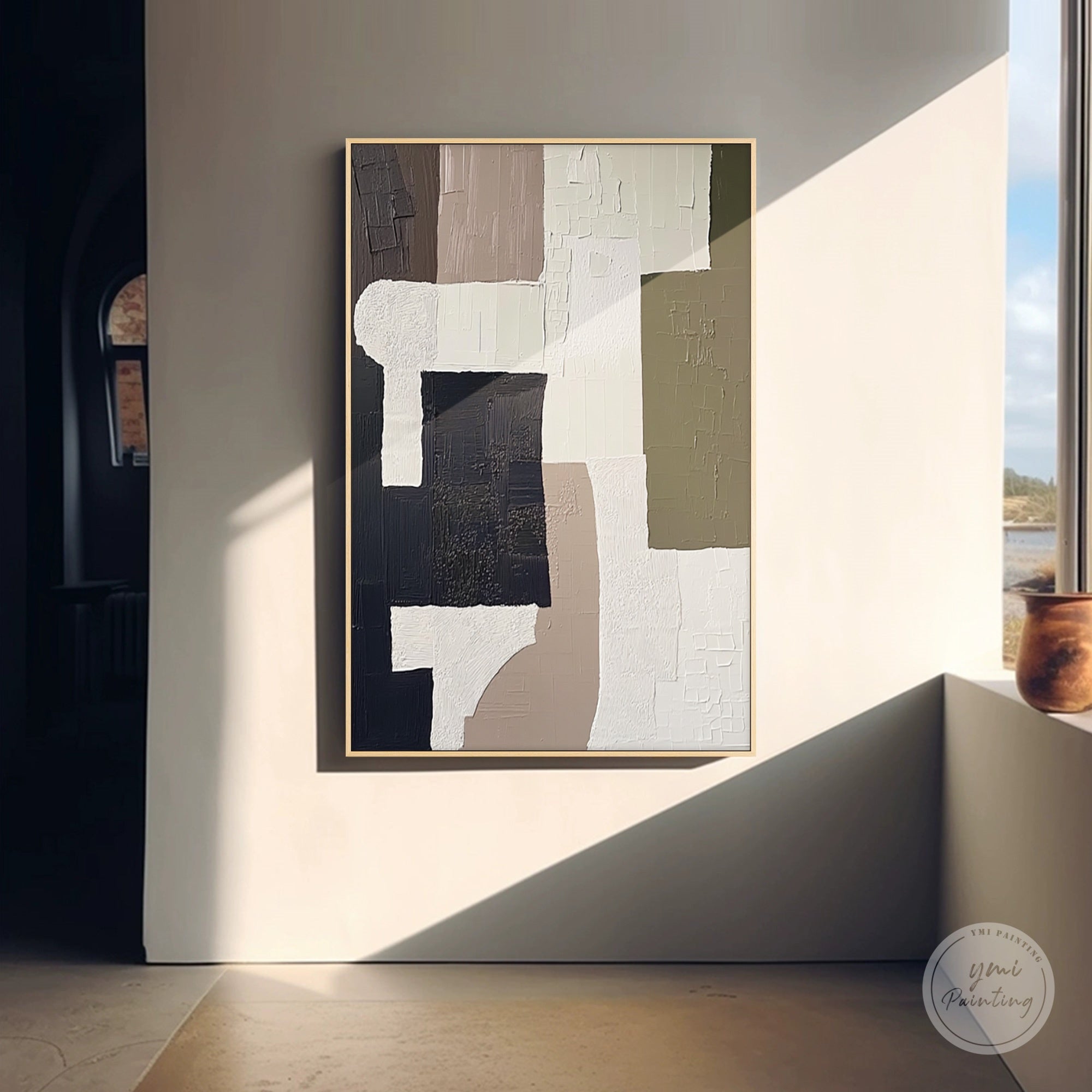 Modern abstract color block wall art decorating a home hallway