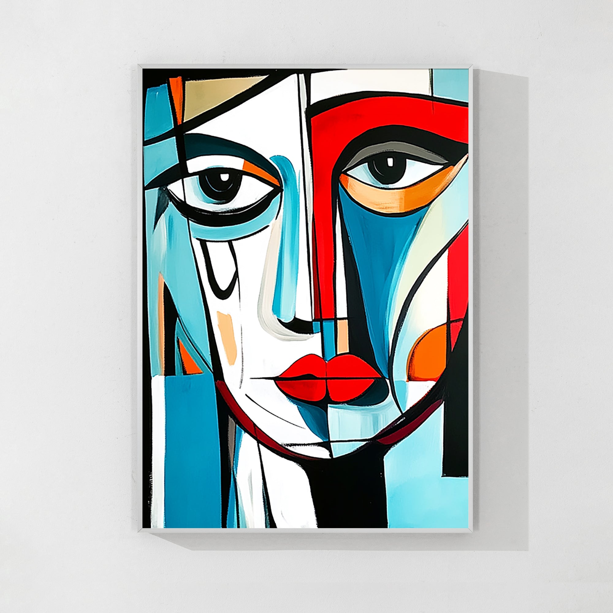 Modern cubist abstract face painting with bold red and black geometric shapes